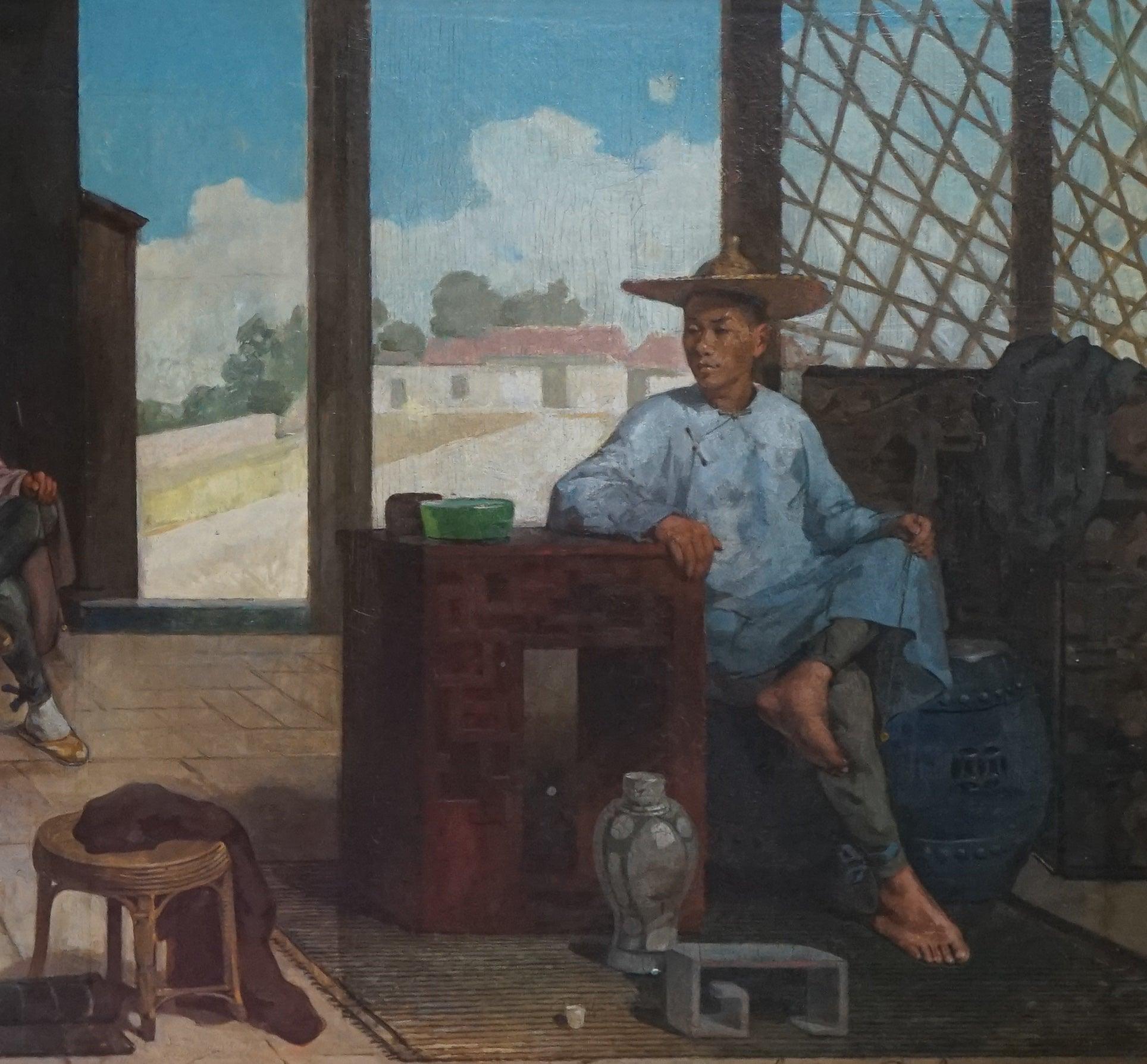 Important Bold Theodore Didier Delamarre (1823-1884) panting of Chinese Men Trading Porcelain.  This is one Unique Painting that you will never find another one.  Painting Depicts Chinese Men sitting in an interior looking to trade porcelain with