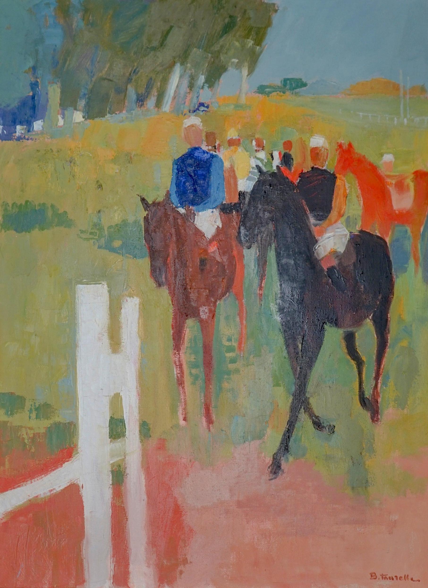 Modernist Jockey Riding Horses in Paddock - Painting by Bernard Taurelle
