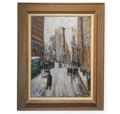 Vintage 1930's Wintry  American Modernist Flat Iron NYC street scene 