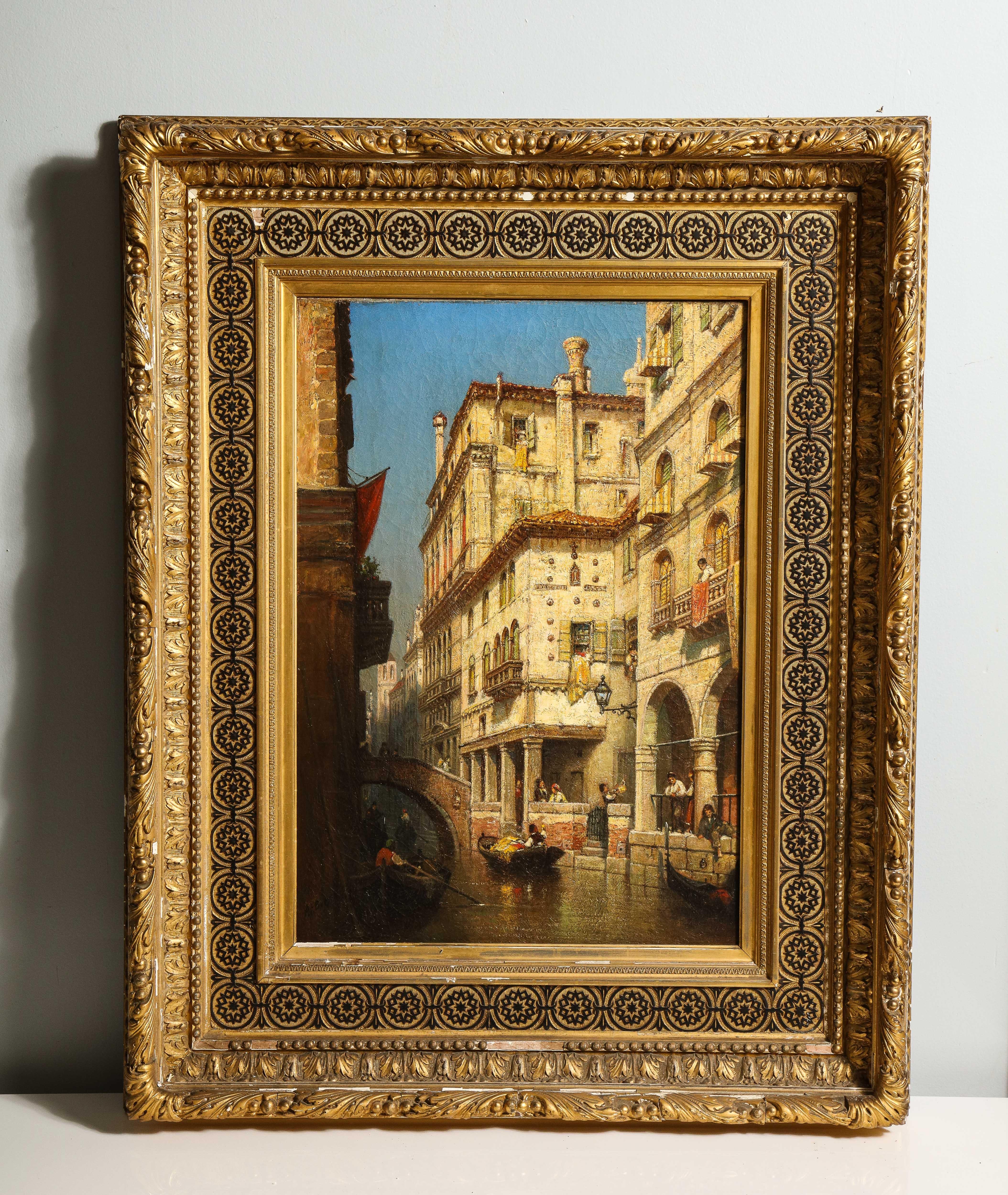 American Italian impressionist Venetian Canal, Figure w/ Canoe, Gilded Frame - Painting by Andrew bunner