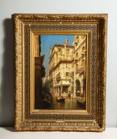 American Italian impressionist Venetian Canal, Figure w/ Canoe, Gilded Frame