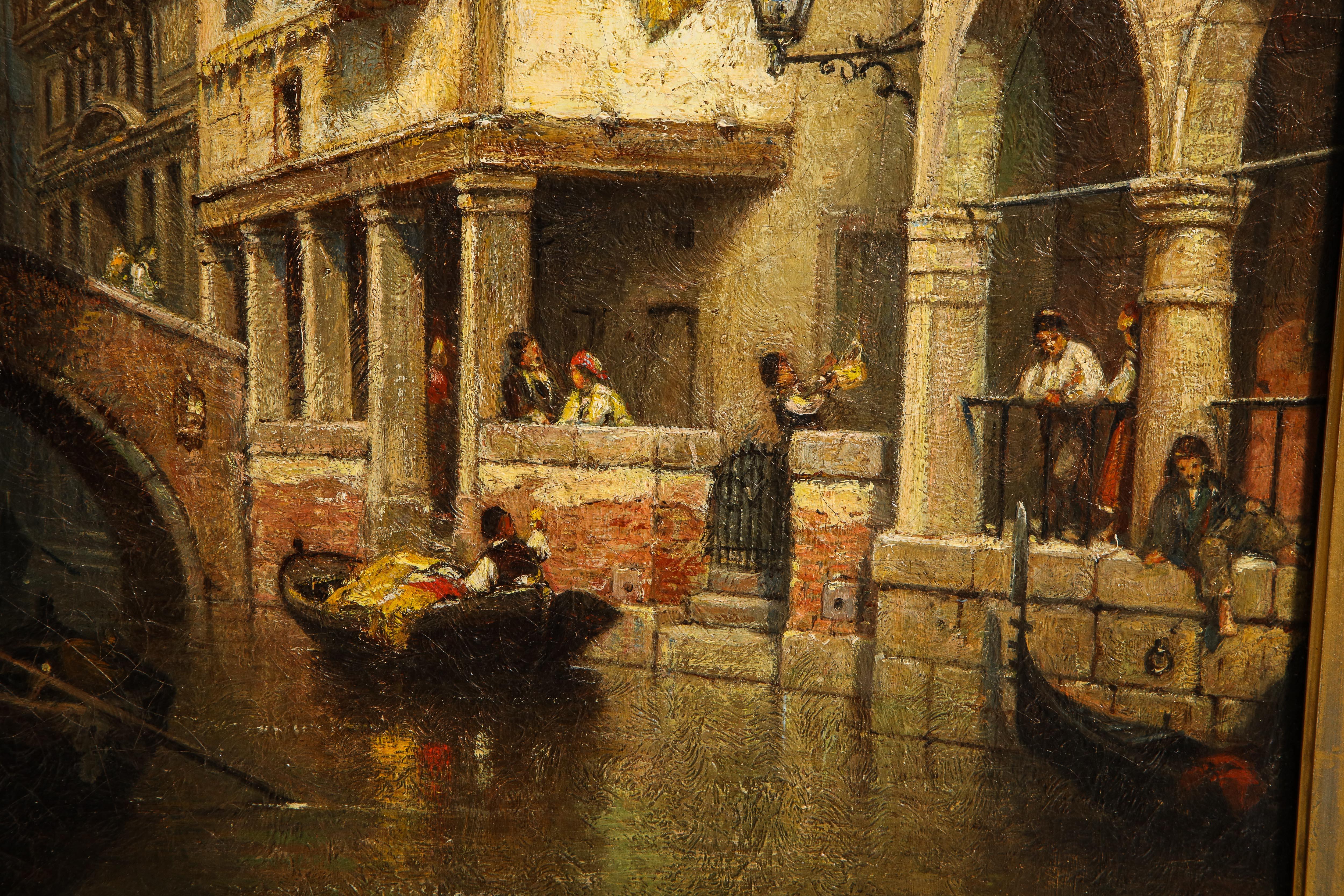 American Italian impressionist Venetian Canal, Figure w/ Canoe, Gilded Frame - Brown Figurative Painting by Andrew bunner
