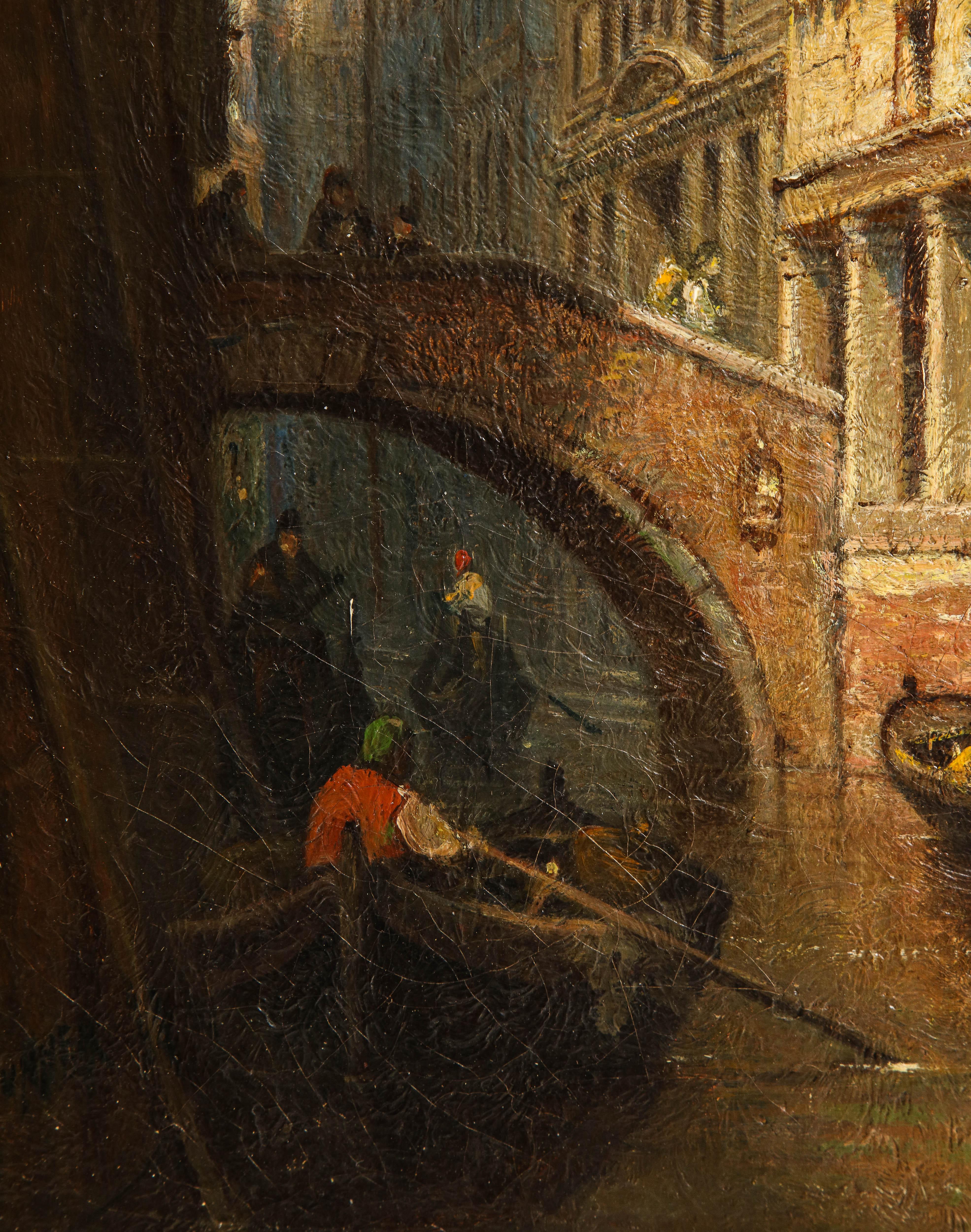 Famous American artist, Andrew Fisher Bunner (1841-1897), executed this gorgeous Venetian canal painting in a fine original American aesthetic gilded frame.  Oil on canvas, signed and dated lower left ??.  Housed in its original frame, overall