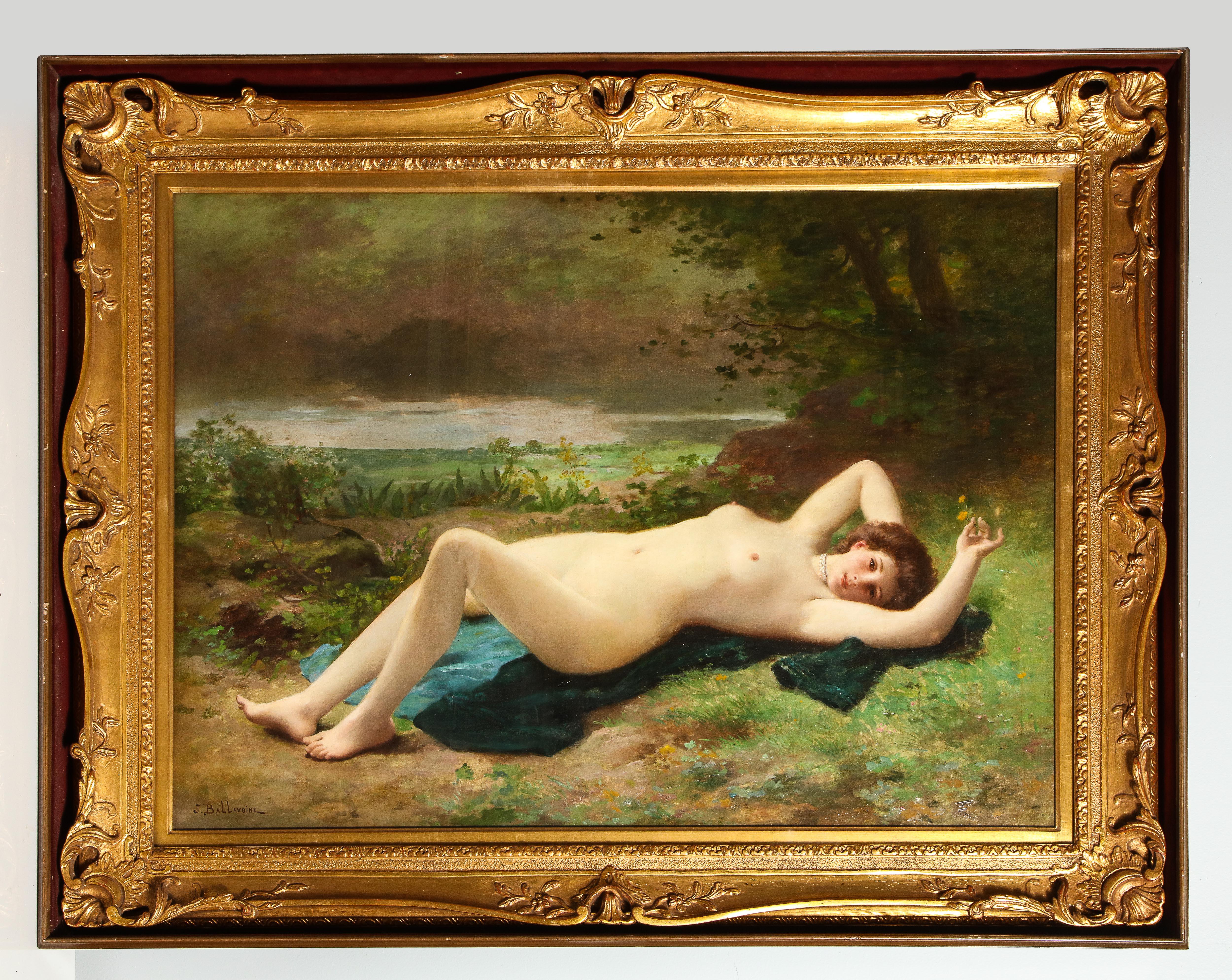 Large BELLE EPOQUE French Impressionist Academic SENSUAL NUDE w/ Pearl Choker - Painting by Jules Frederic Ballavoine