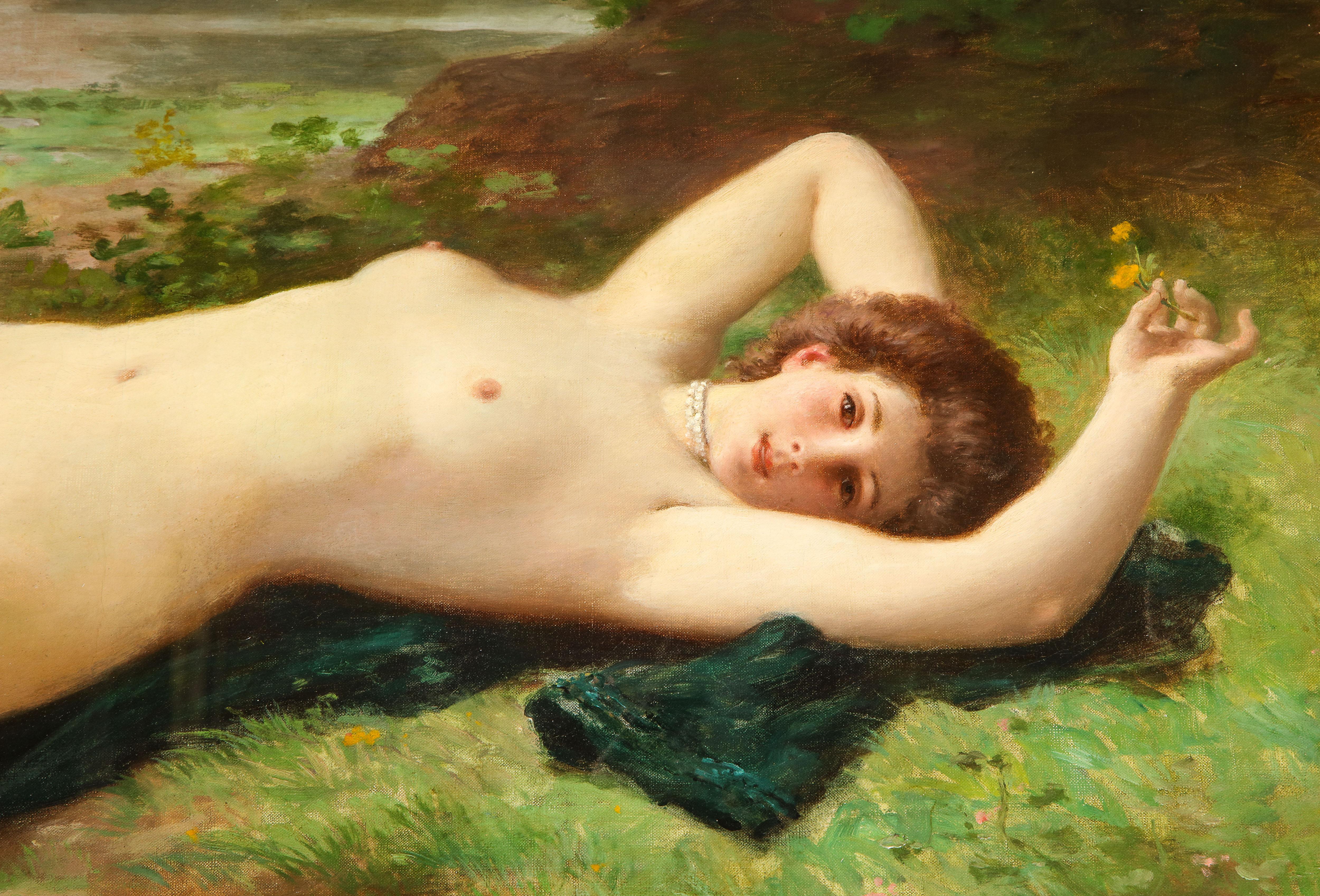 Splendido nudo sensuale antico French Belle Epoque di Jules F. Ballavoine (1855-1901).  Si tratta di un grande e raro esemplare dell'artista, dipinto nel 1880.  Olio su tela, misure complessive 49x39 pollici e dimensioni a vista 38x28 pollici. 