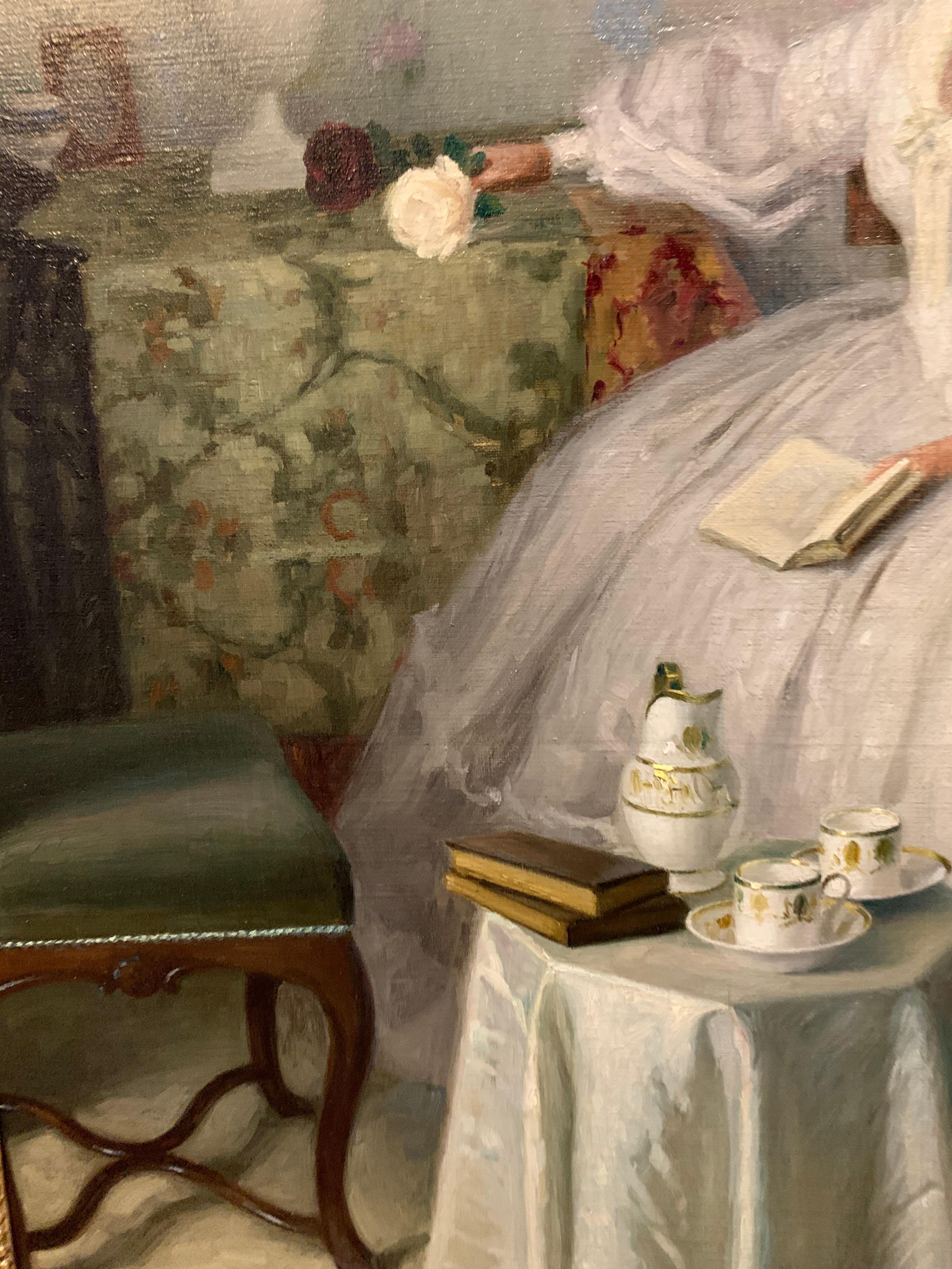 German impressionist artist Paul Ehrhardt, 1972-1959, paints a high aristocratic woman in interior wearing a white, satin lace dress and is reading a book. Beside her is a flower vase with roses, In front of her is a tea set on a small round table