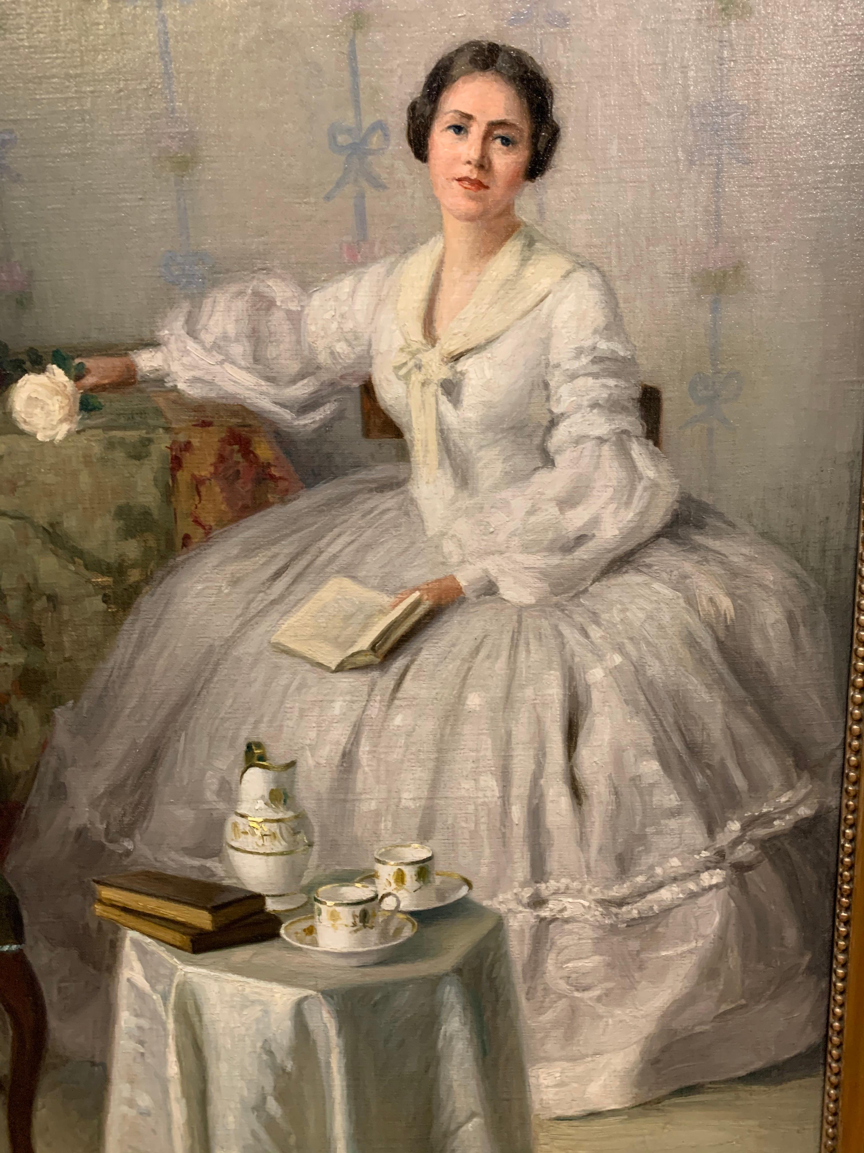 painting of woman in white dress