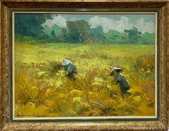 Signed Frits Ohl 1970s Indonesian Rice Harvest Impressionist Oil Painting