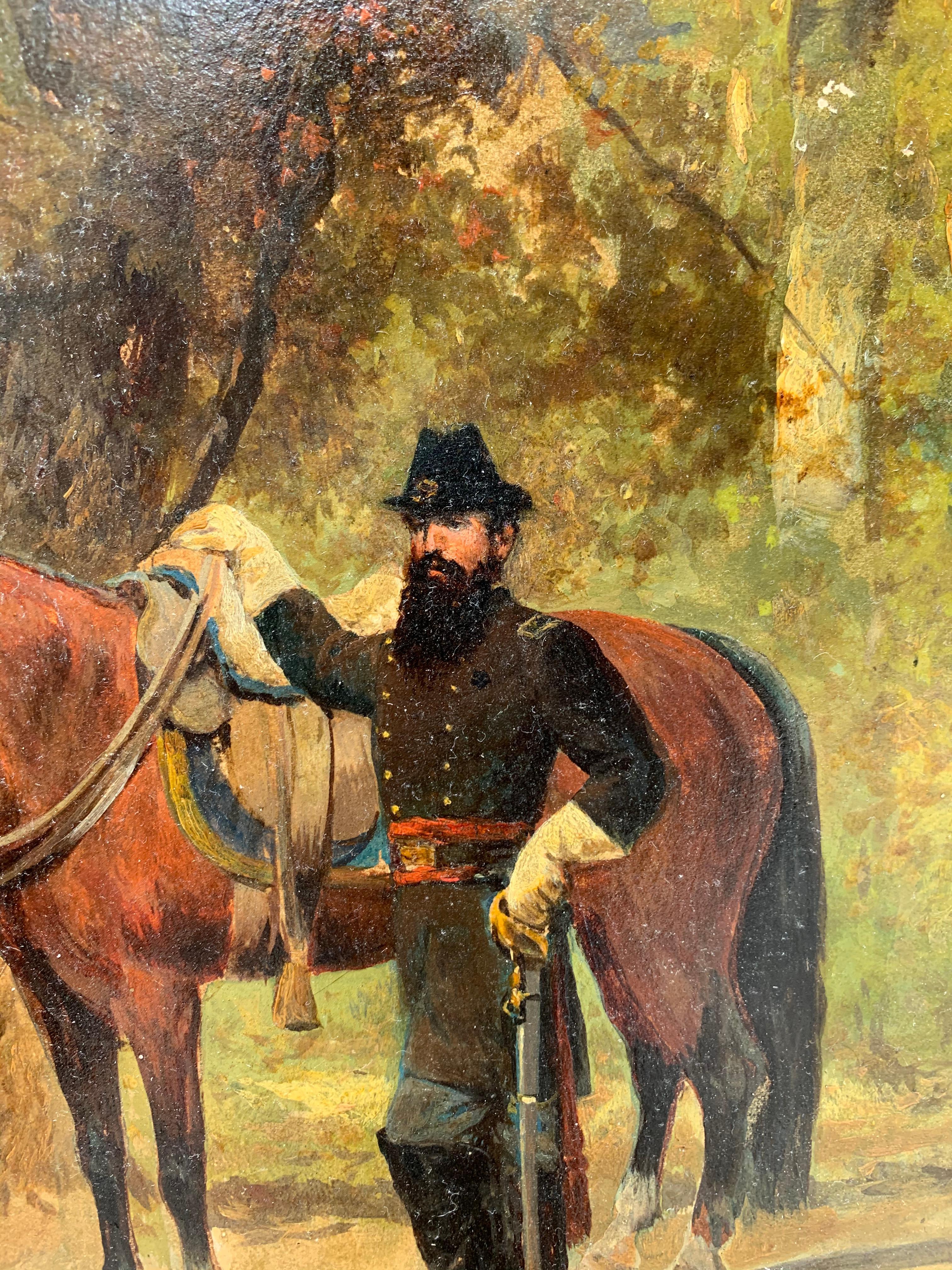 PERIODO Americano Antiguo Retrato de la Guerra Civil de un Oficial y su Caballo - Painting Escuela del río Hudson de Franklin Dullin Briscoe