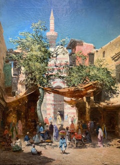 1875 French Orientalist Market Scene with Entrance to Mosque