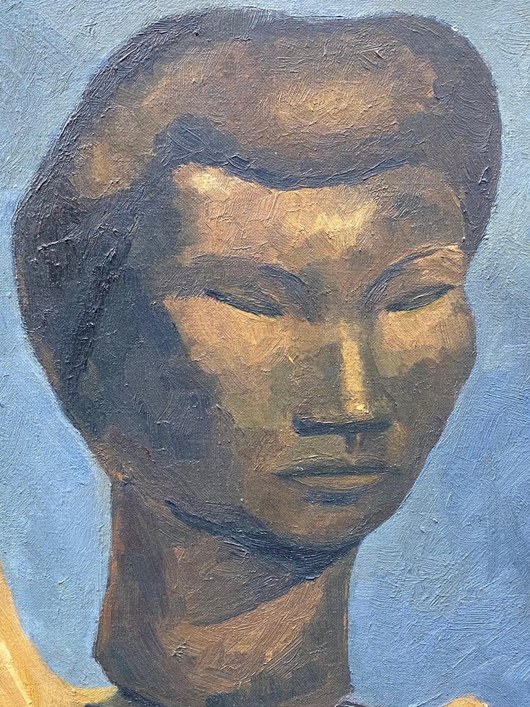 Clyde Singer (1909-1999) became known for his regionalist paintings in oil and watercolor. This is an american modernist painting of a sculpted woman in bronze. It is housed in its original white frame. 
Oil on canvas board.
Sight W 20 in x H 24 in