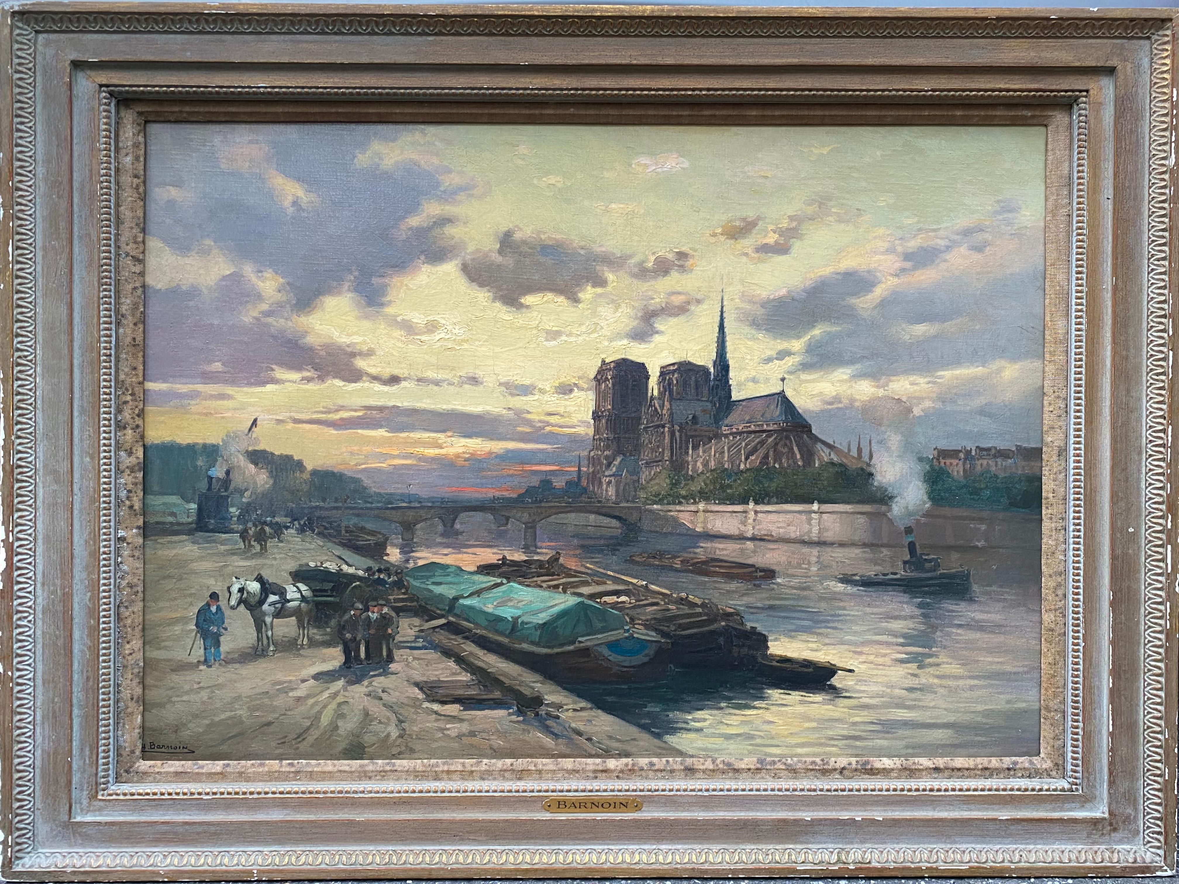 Henri Barnoin Landscape Painting - French Impressionist The Seine River Overlooking Notre Dame 