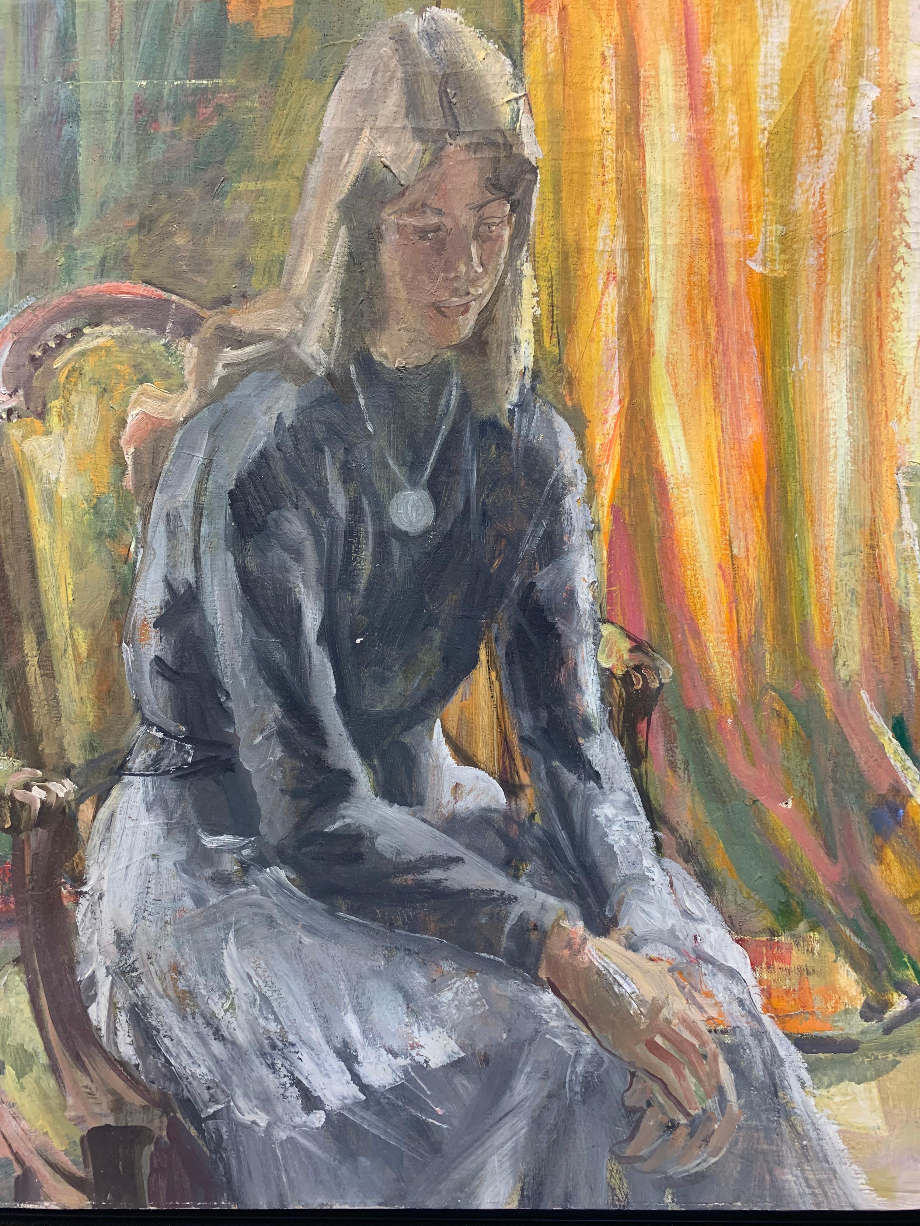 Portrait impressionniste moderne d'une femme dans un intérieur avec une plante - Painting de Joseph Plaskett