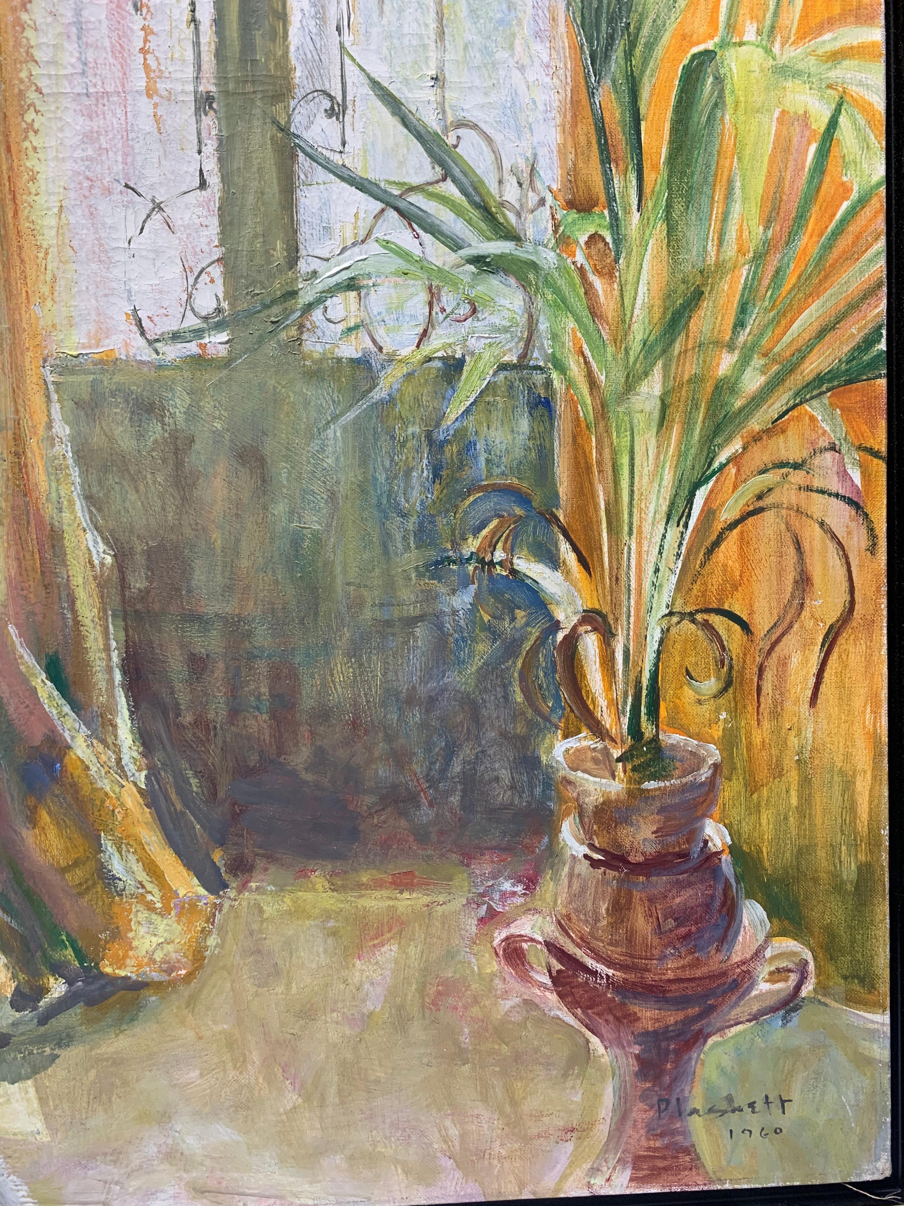 Portrait impressionniste moderne d'une femme dans un intérieur avec une plante - Marron Portrait Painting par Joseph Plaskett