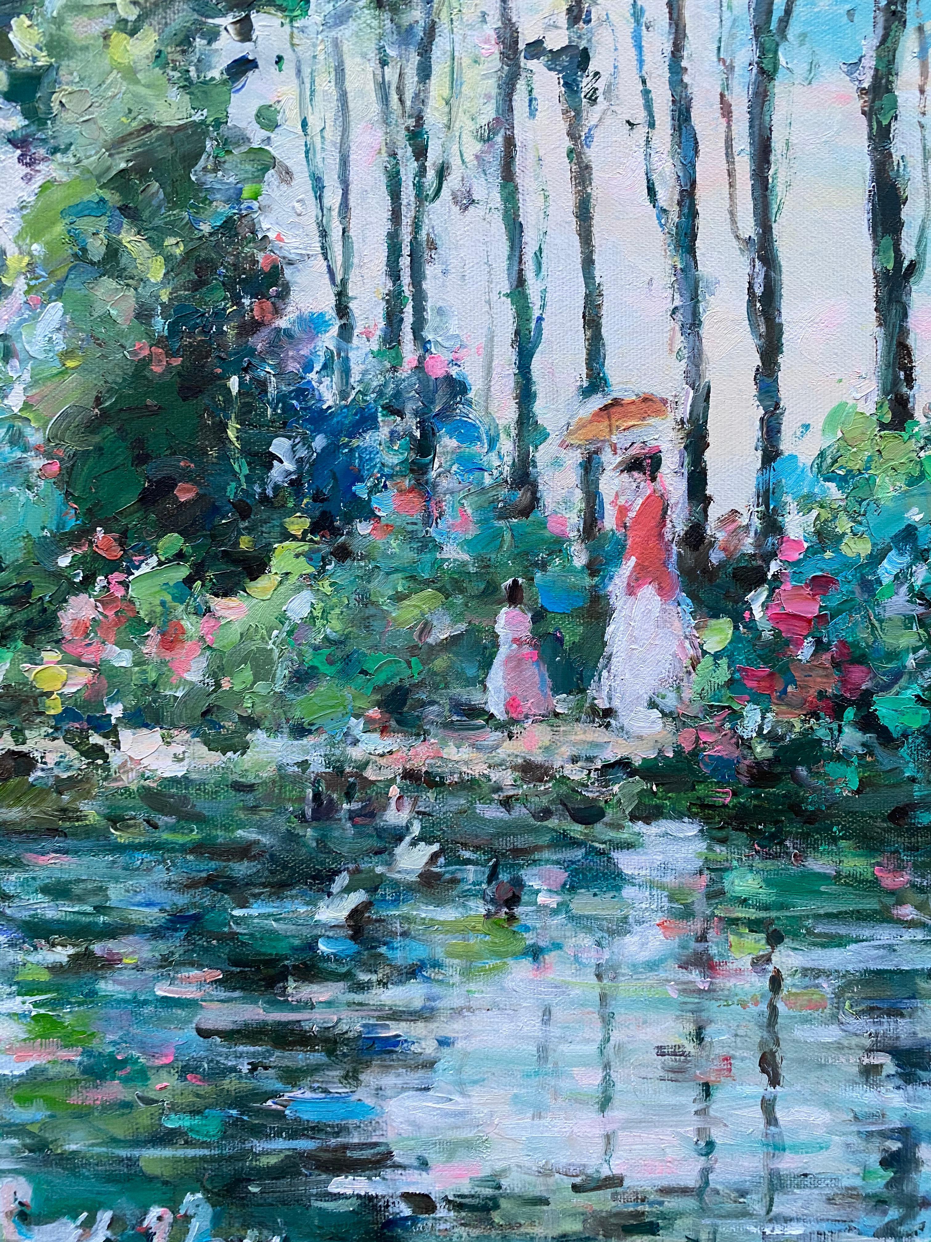 French Impressionist Lake Scene Woman w/ Parasol Landscape - Painting by Henri Dupre
