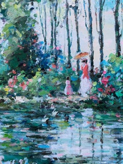 French Impressionist Lake Scene Woman w/ Parasol Landscape