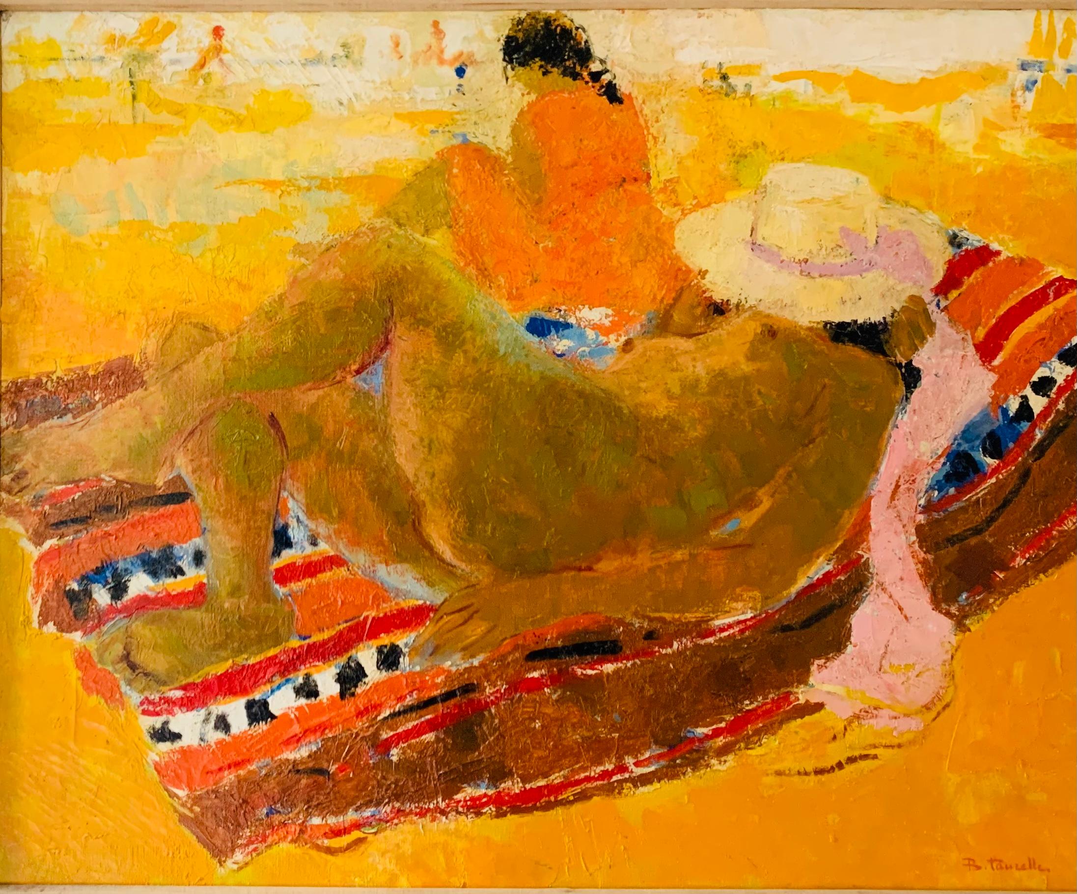 Impressionistische nackte Frau mit rosa Strohhut, BEACH SCENE, Französisch – Painting von Bernard Taurelle