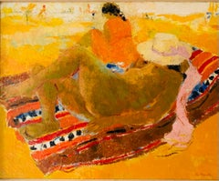 French Impressionist Nude woman w/ Pink Straw Hat BEACH SCENE