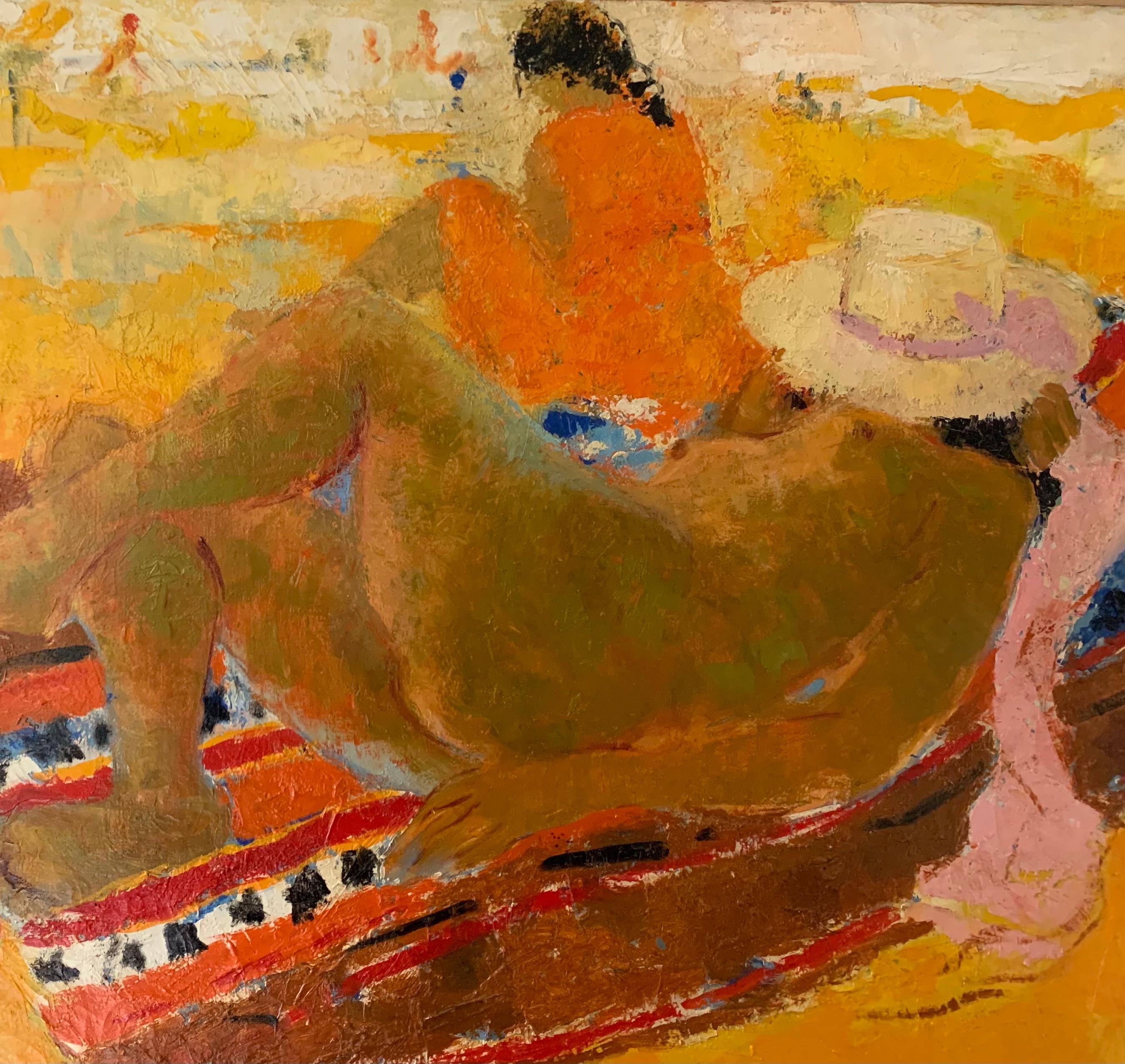 BEACH SCENE Impressionniste Française Femme Nue avec Chapeau de Paille Rose - Marron Figurative Painting par Bernard Taurelle