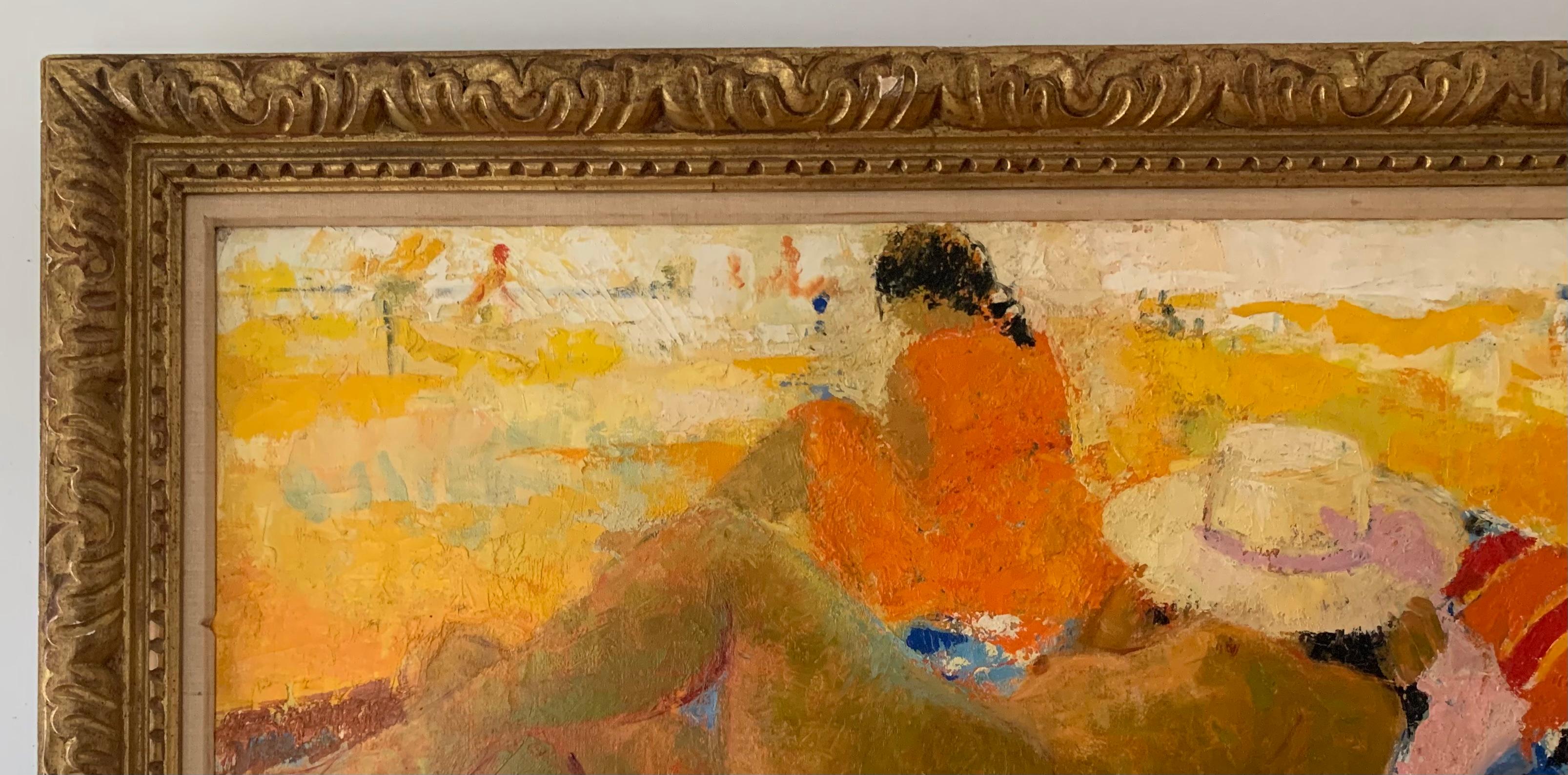 BEACH SCENE Impressionniste Française Femme Nue avec Chapeau de Paille Rose en vente 1