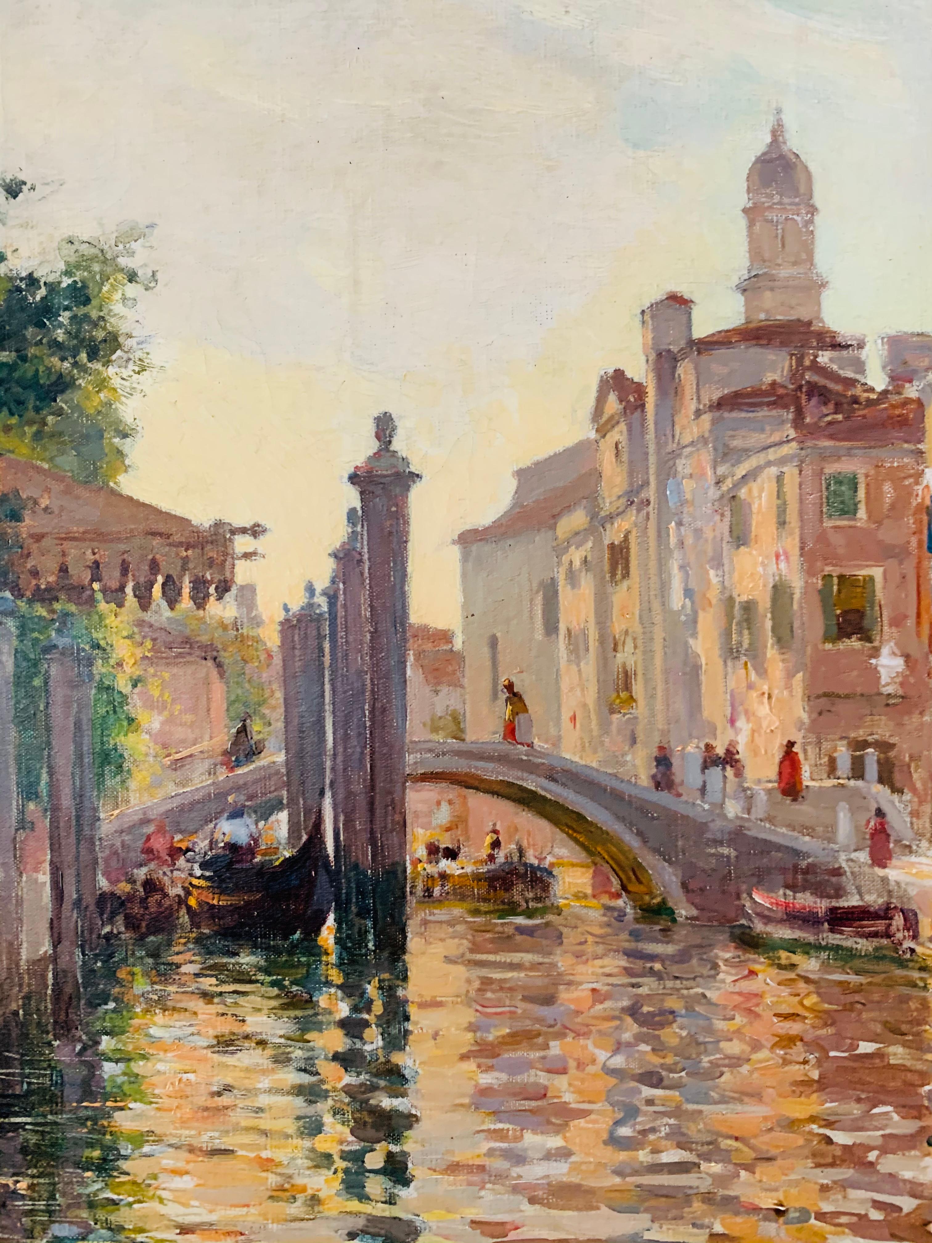 Italienische, impressionistische venezianische Leuchte, Szene aus dem venezianischen Grand Canal und der Gondola-Brückenbrücke  – Painting von Bernard Hay