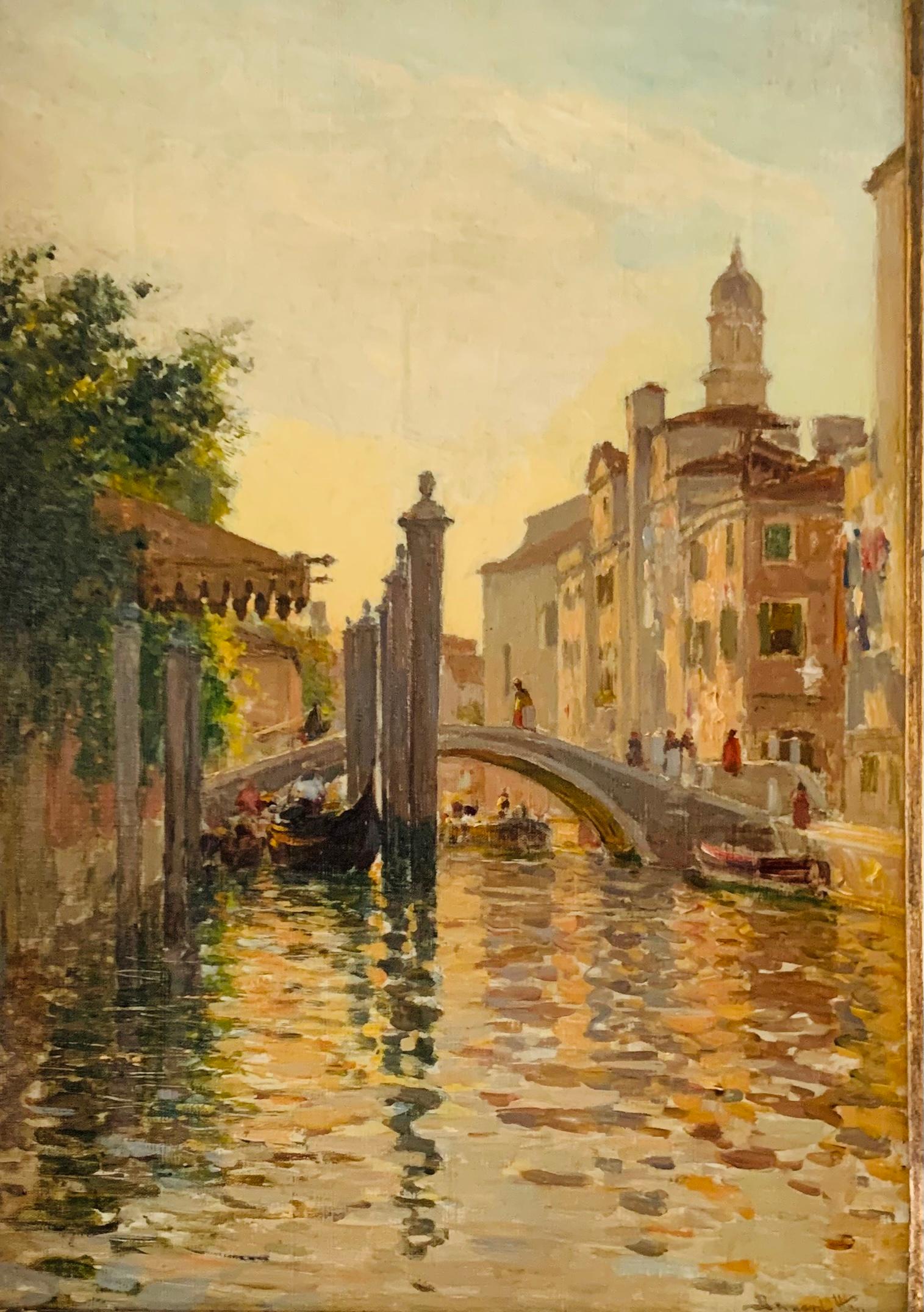 Italienische, impressionistische venezianische Leuchte, Szene aus dem venezianischen Grand Canal und der Gondola-Brückenbrücke  (Impressionismus), Painting, von Bernard Hay