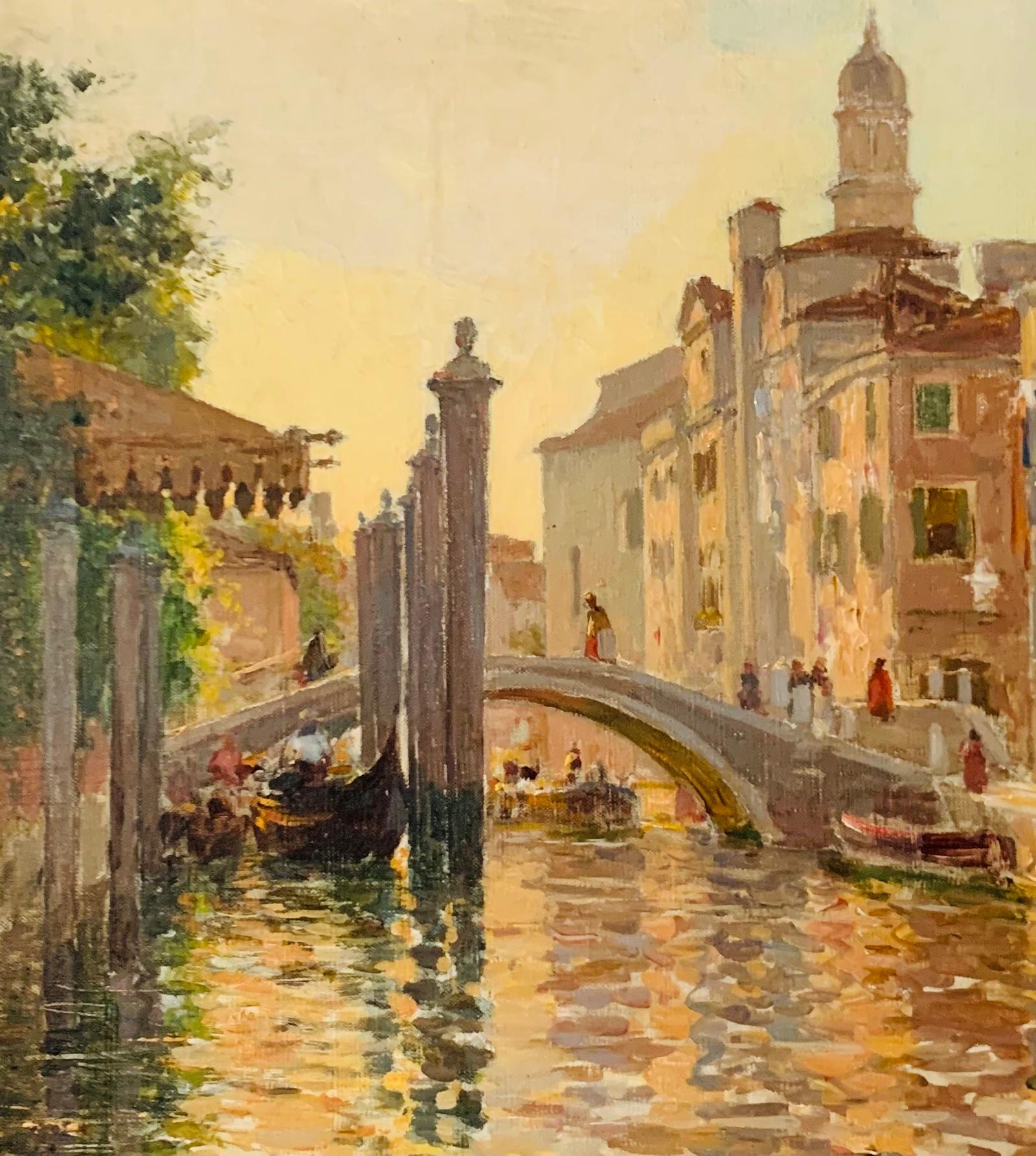 Italienische, impressionistische venezianische Leuchte, Szene aus dem venezianischen Grand Canal und der Gondola-Brückenbrücke  (Braun), Landscape Painting, von Bernard Hay
