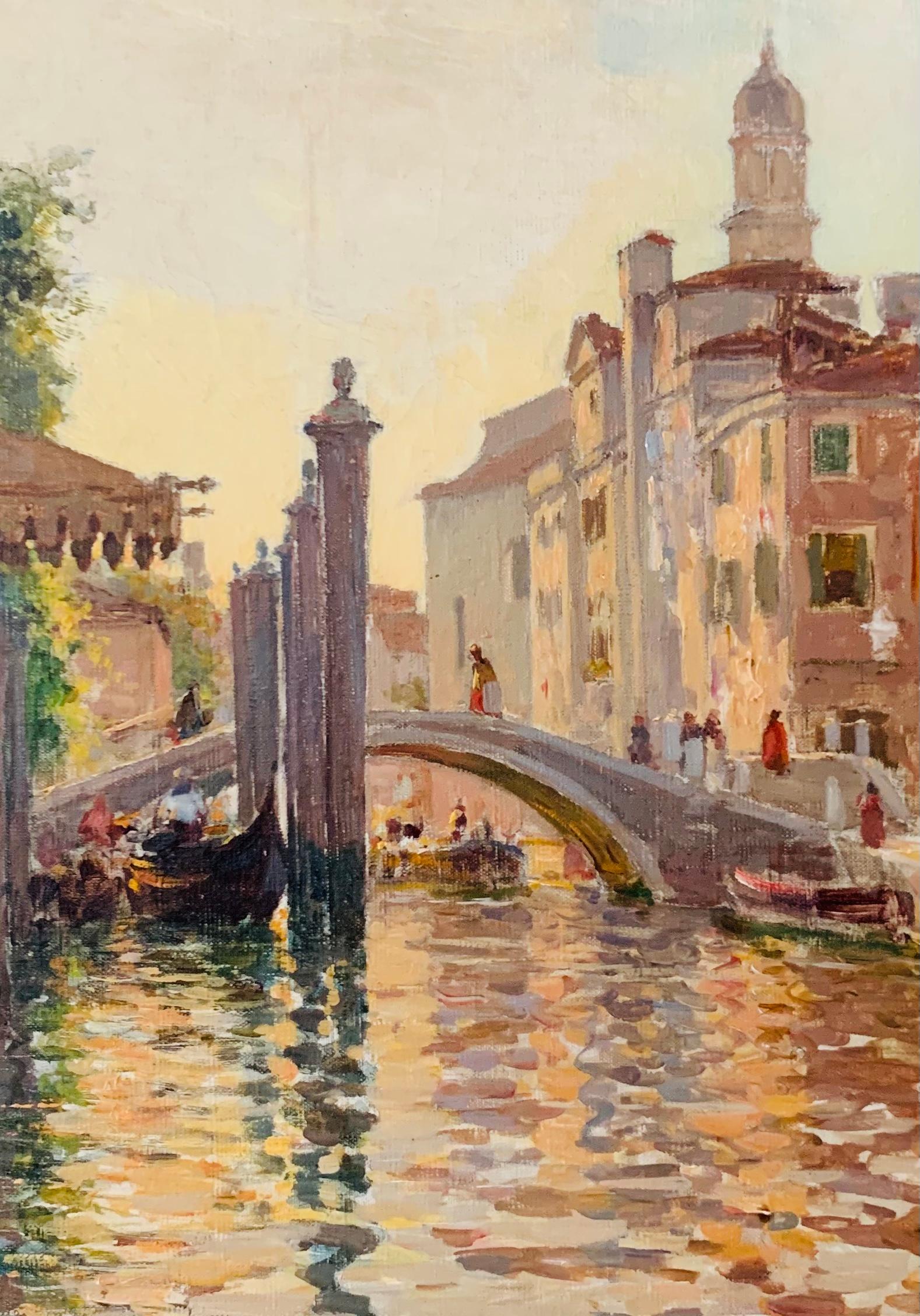 Italian Luminist Impressionist Venetian Grand Canal and Gondola Bridge Scene  - Brown Landscape Painting by Bernard Hay