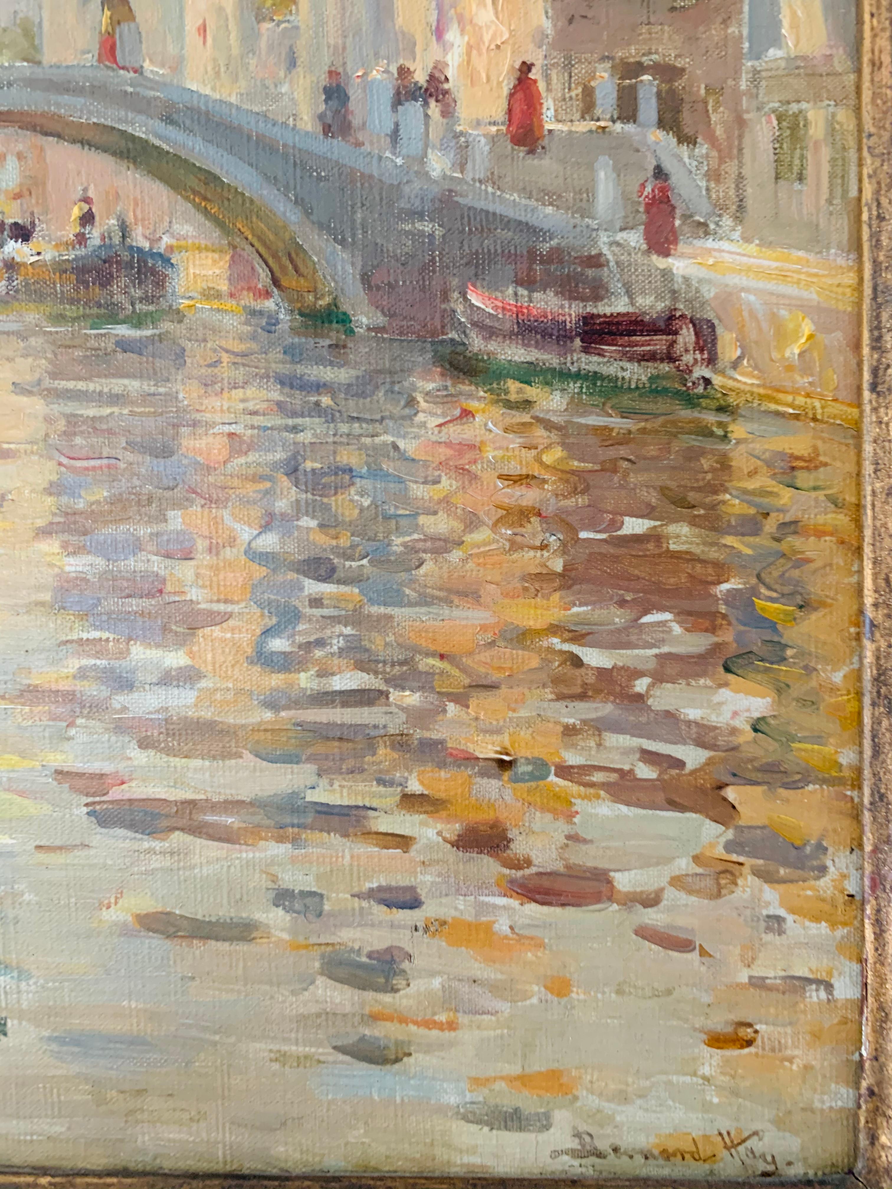 Bernard Hay 
Italian, 1864-1931
Oil on canvas
10 3/4 x 16 1/2 inches 
18 3/4 x 13 inches overall 

Italian Venetian impressionist scene, with gondolas passing under a gondola bridge.

Bernardo Hay studied painting with Altamura in Naples. In the