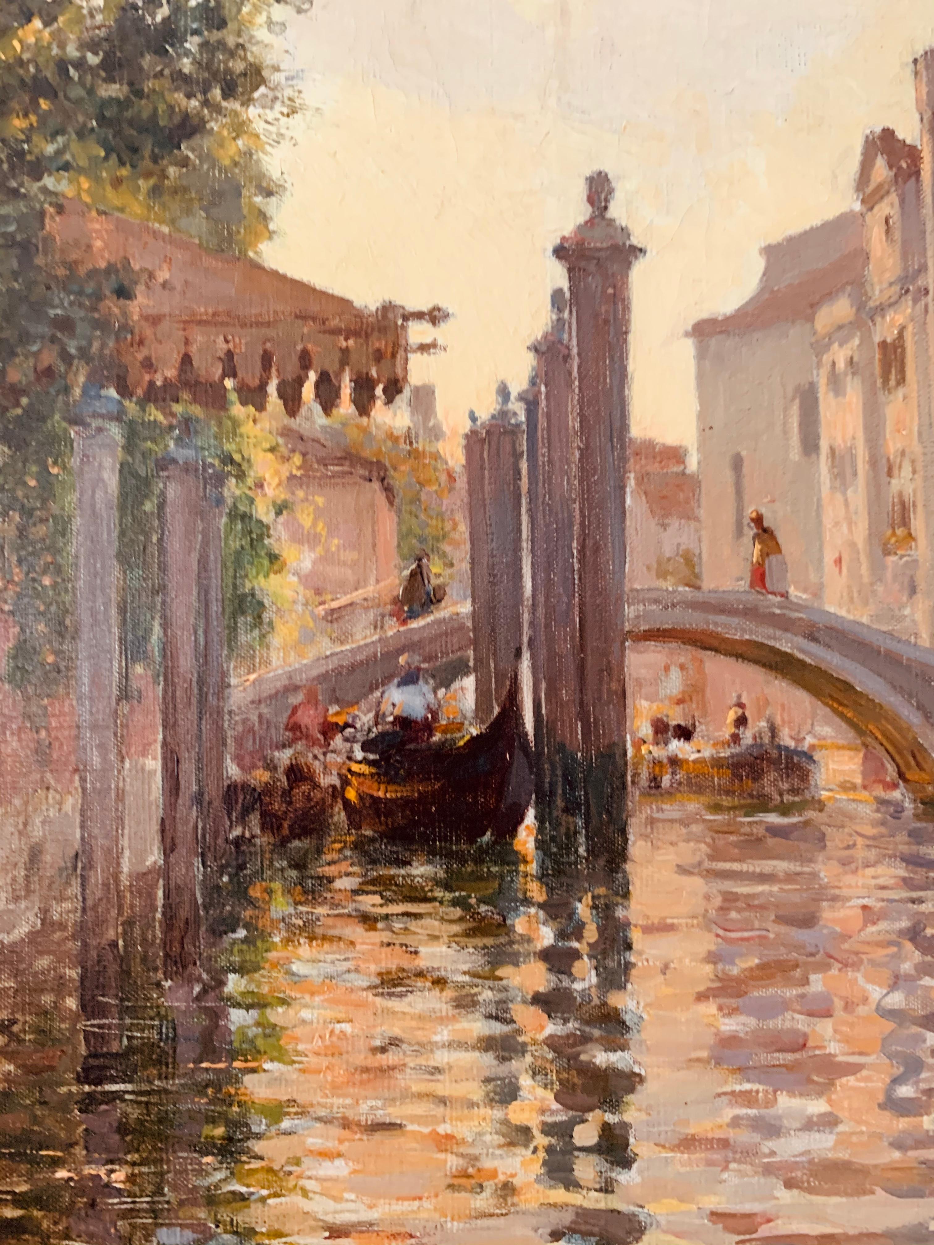 Italian Luminist Impressionist Venetian Grand Canal and Gondola Bridge Scene  For Sale 1
