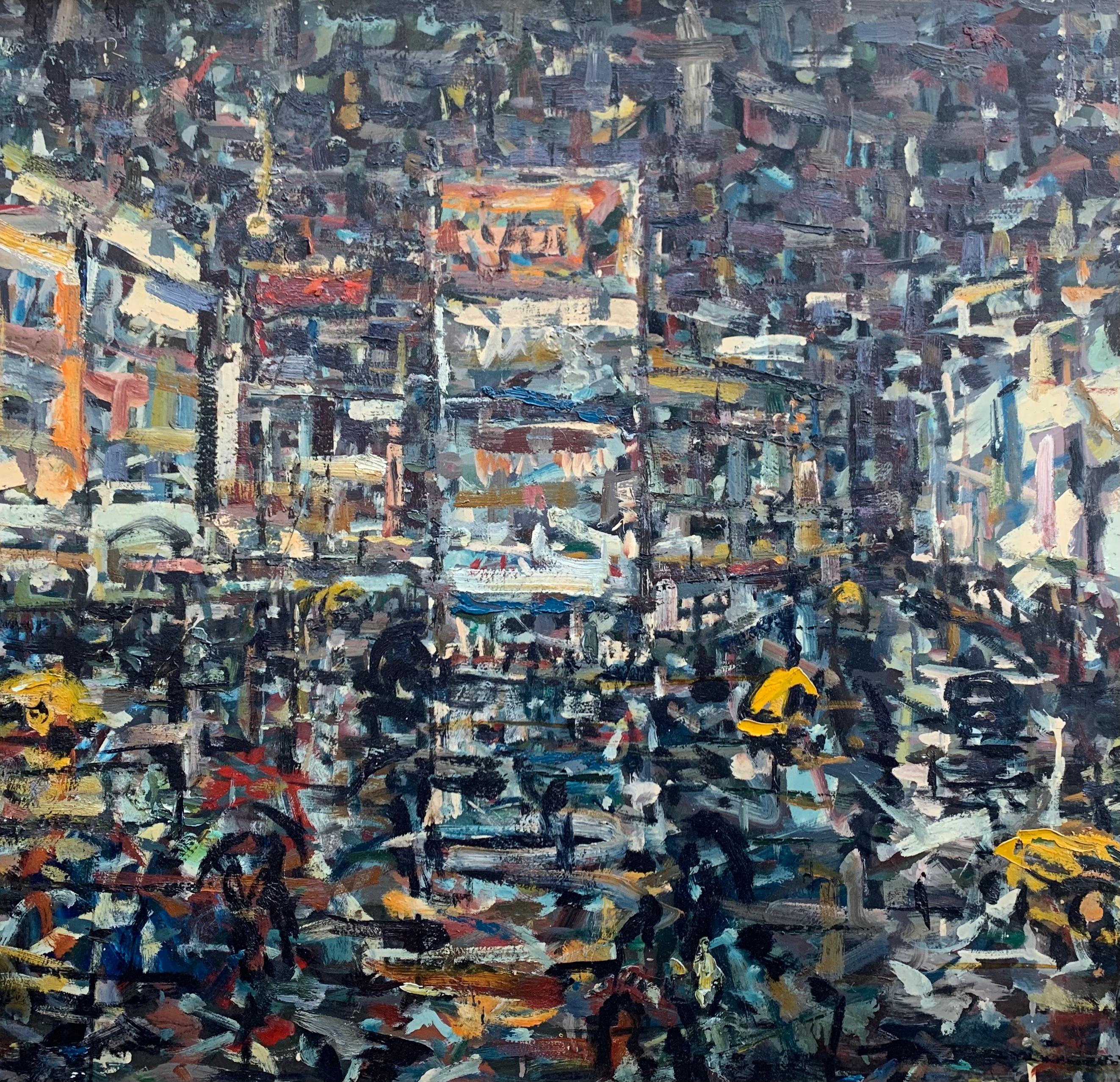 Scène de rue de New York de l'expressionniste abstrait du milieu du siècle Scène de Times Square la nuit - Expressionnisme abstrait Painting par Joseph Buzzelli