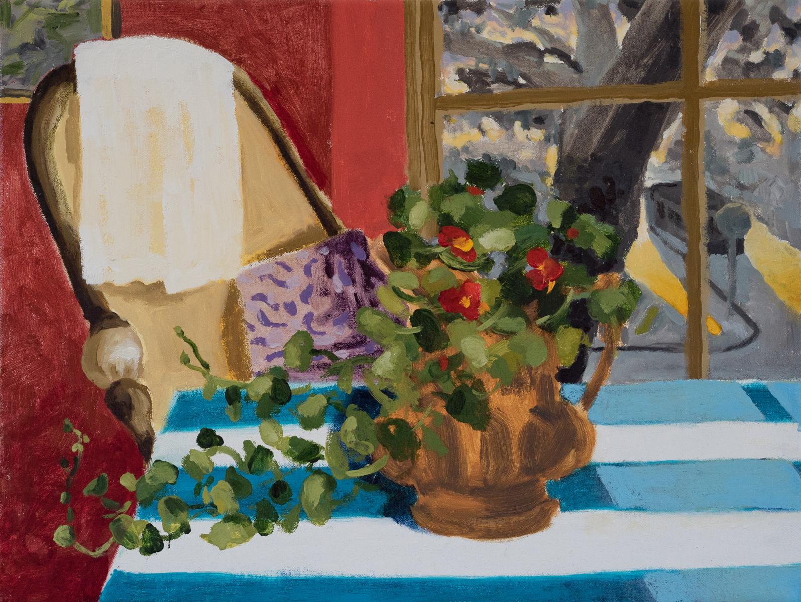 The Apartment, oil on canvas by contemporary artist Nils Benson represents the artist living quarters in a bright and colorful manner.  In this work the artist has depicted 5 unique and subtle light sources to allude to the cubist idea of multiple