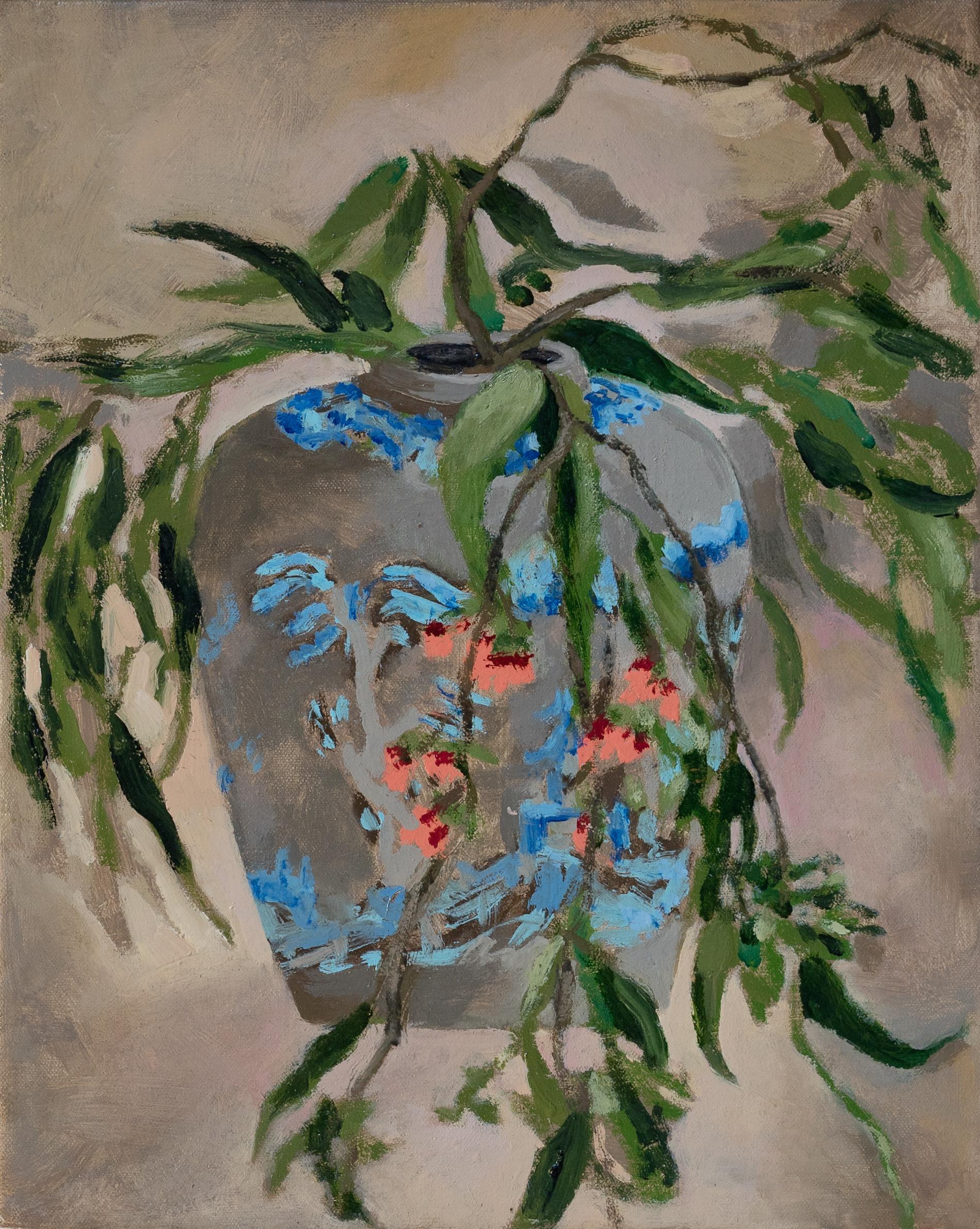 Corymbia ficifolia in Chinese vase, oil on canvas by painter Nils Benson 2019 uses the image of dying eucalyptus leaves and flowers in a Chinese vase to represent space using traditional asian methods of perspective and composition. The painter