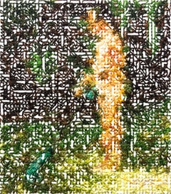 "yard work 3" one of a kind contemporary hand stitched embroidery, Framed.