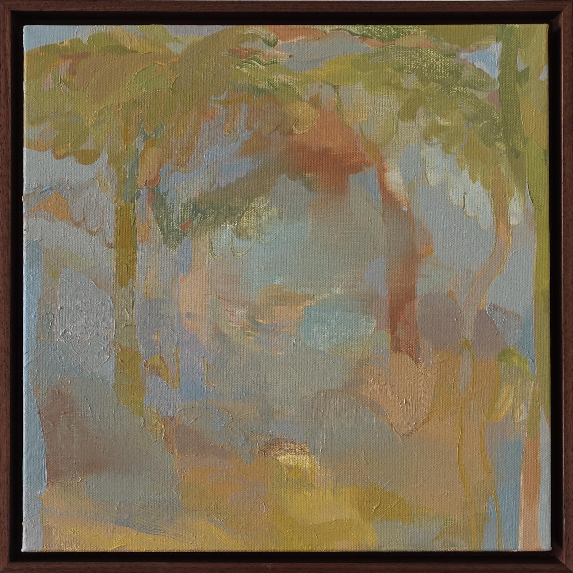 "Kind Of" an abstract landscape painting, oil on canvas by Skylar Hughes. Full of gentle muted colors, Skylar is interested in painting as the representation of our relationship to and experience of nature. The landscape tradition serves as a ground