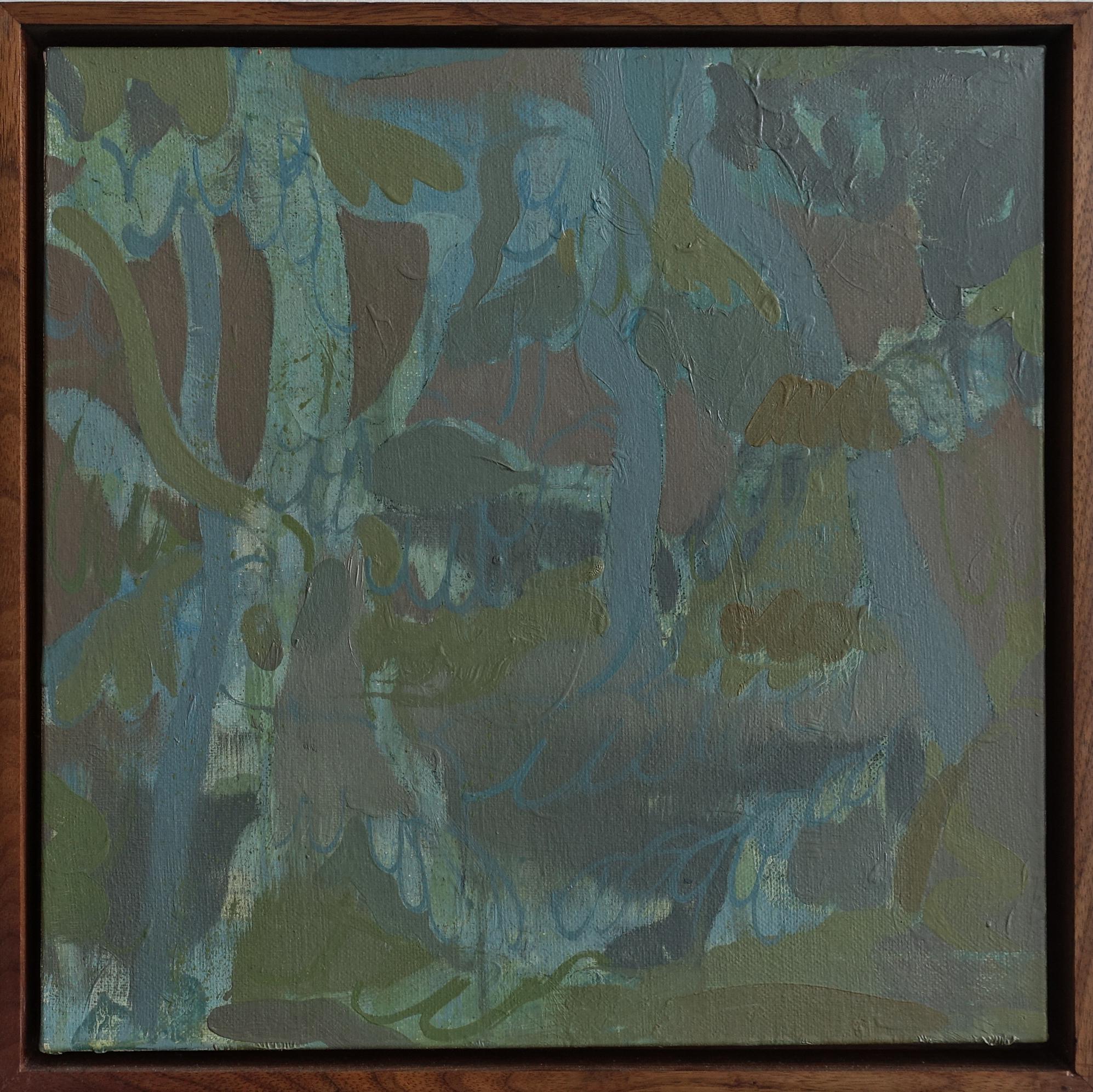 "Bells" an abstract landscape painting, oil on canvas by Skylar Hughes. Using a palette of cool blues and greens, Skylar is interested in painting as the representation of our relationship to and experience of nature. The landscape tradition serves