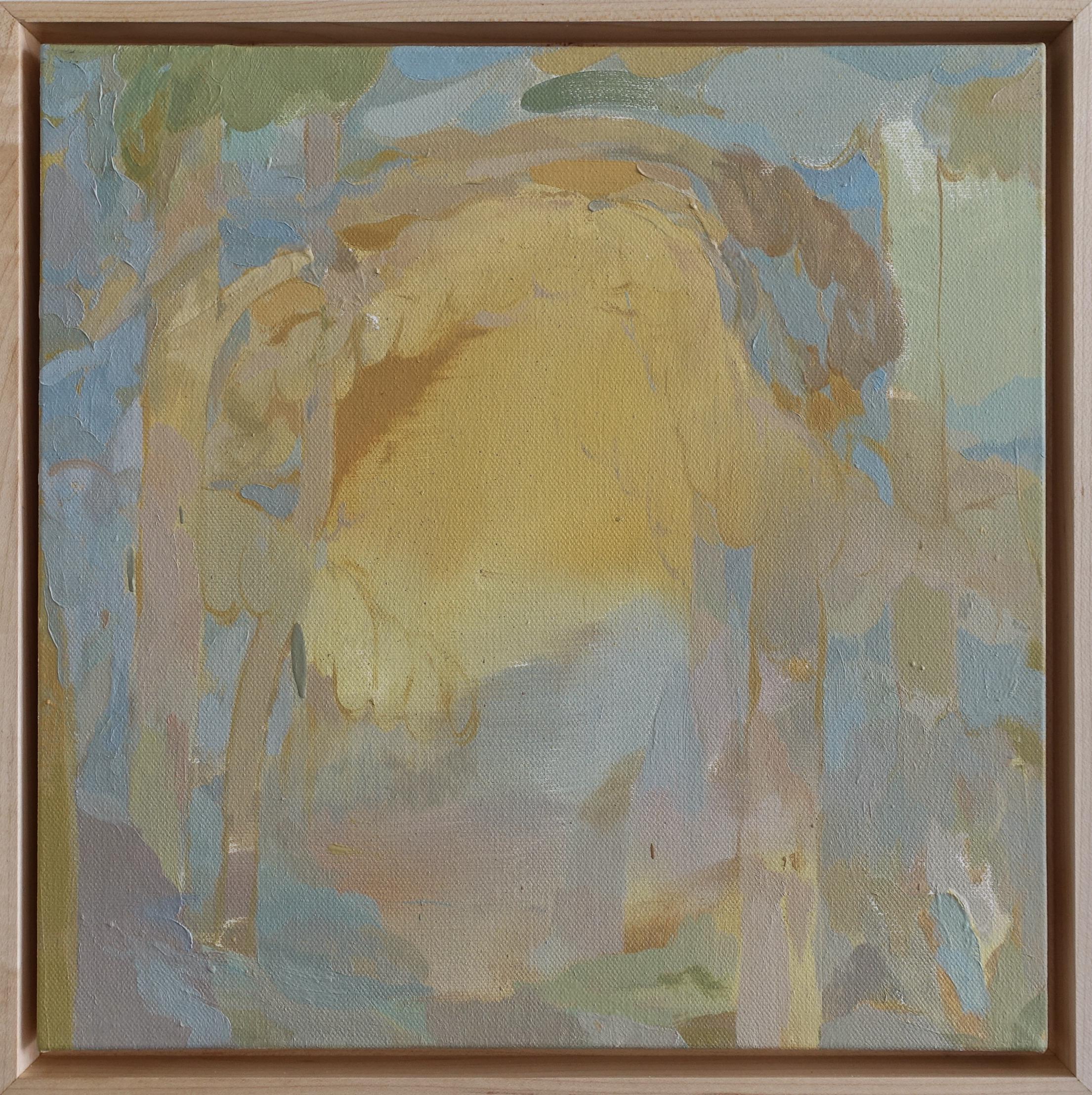 "Wrist" an abstract landscape painting, oil on canvas by Skylar Hughes. Using a palette of delicate pastels, Skylar's interest in painting as the representation of our relationship to and experience of nature shines in this small canvas. The