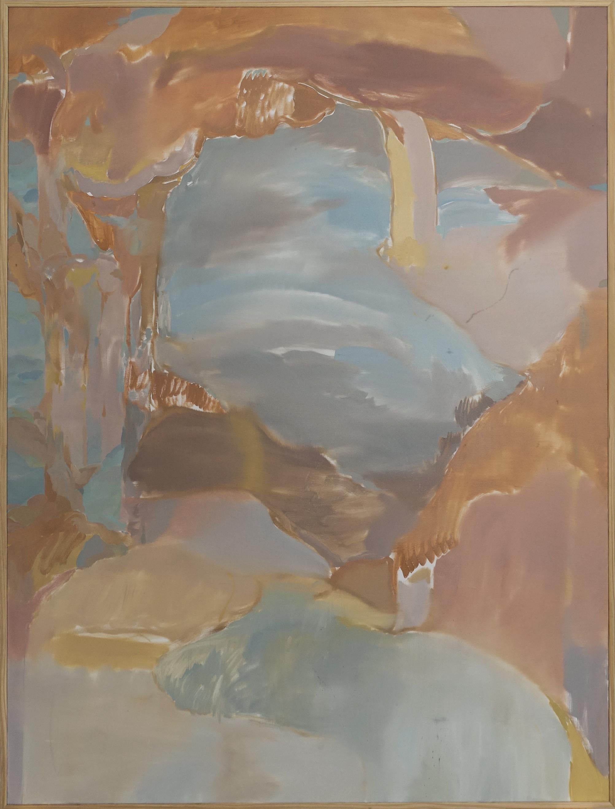 "Canyon" a large abstract landscape painting, oil on canvas by Skylar Hughes. Using a palette of various muted earth tones and light blue hues. Skylar's interest in painting as the representation of our relationship to and experience of nature