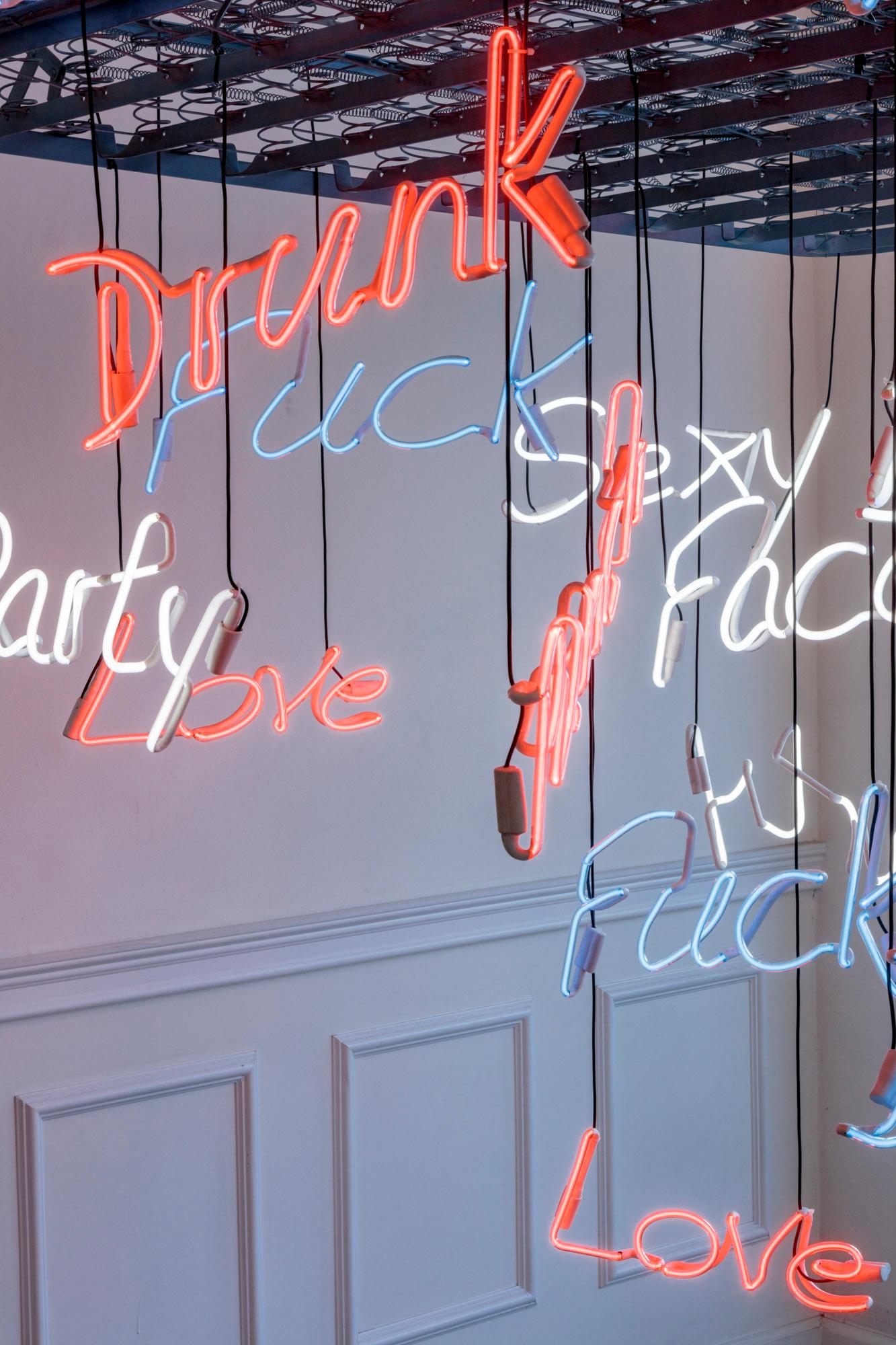 This is the center piece to draw attention! With is neon lights and hanging mattress frame Carl brings his vision of love, lust, and relationships full circle. Ideal for a lobby or foyer.
Hopgood had his two debut solo exhibitions Arrivals,