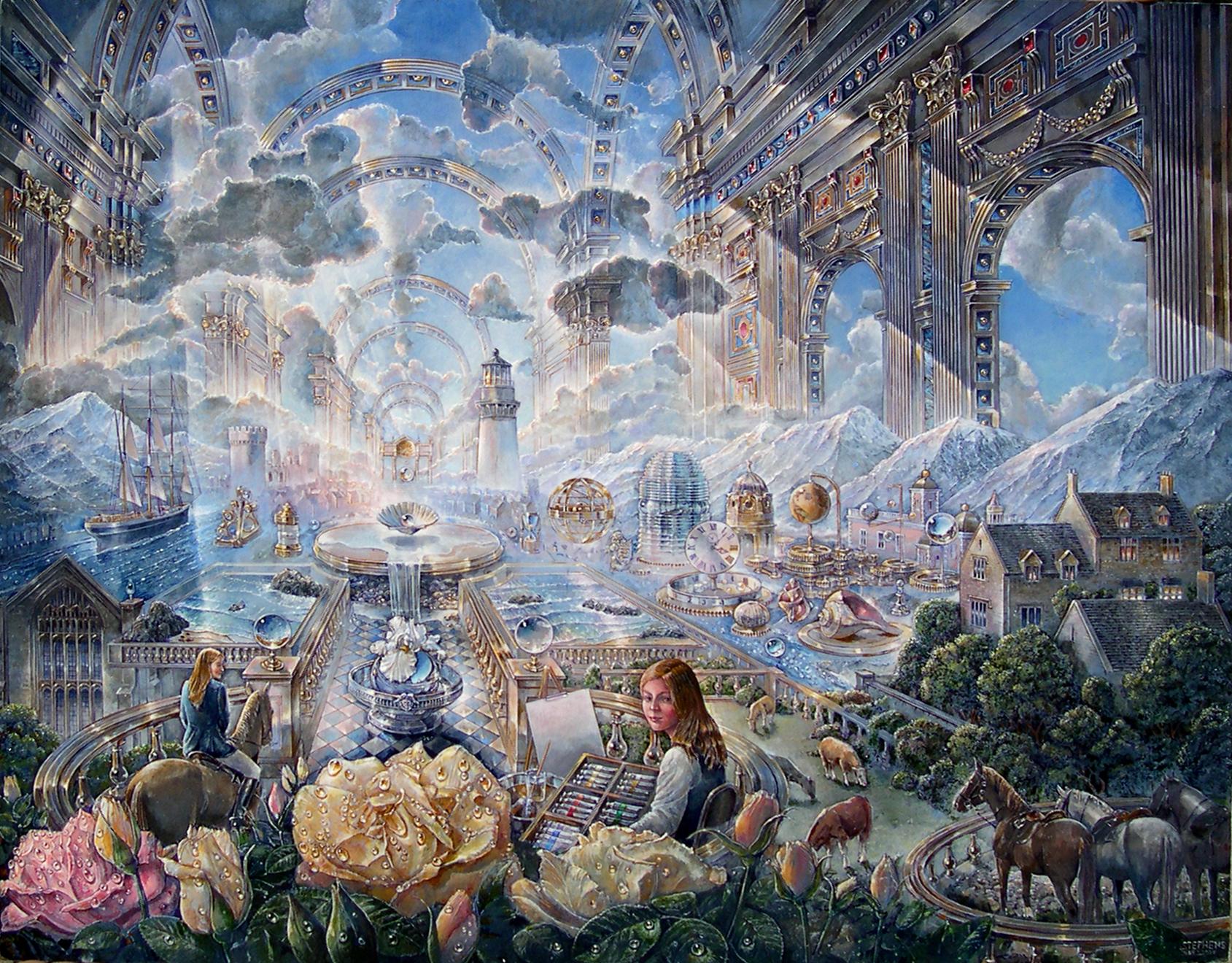 Dieses Originalgemälde von John Stephens aus Acryl auf Tafel misst 24x30 Zoll und ist für 27.500 $ erhältlich. „The Artist in search of a subject“ zeigt ein kleines Mädchen in einem Glasatrium mit blauem Himmel:: Wolken:: Blumen:: Gebäuden und