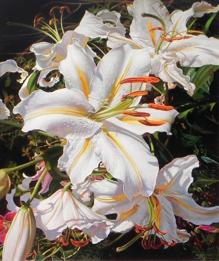 "White Lilies" by Oleg Turchin is a 30x24 inch oil painting on canvas. Turchin brings these flowers to life with each stroke of his brush. The technique with attention to color, detail and composition, creates an everlasting floral arrangement. The