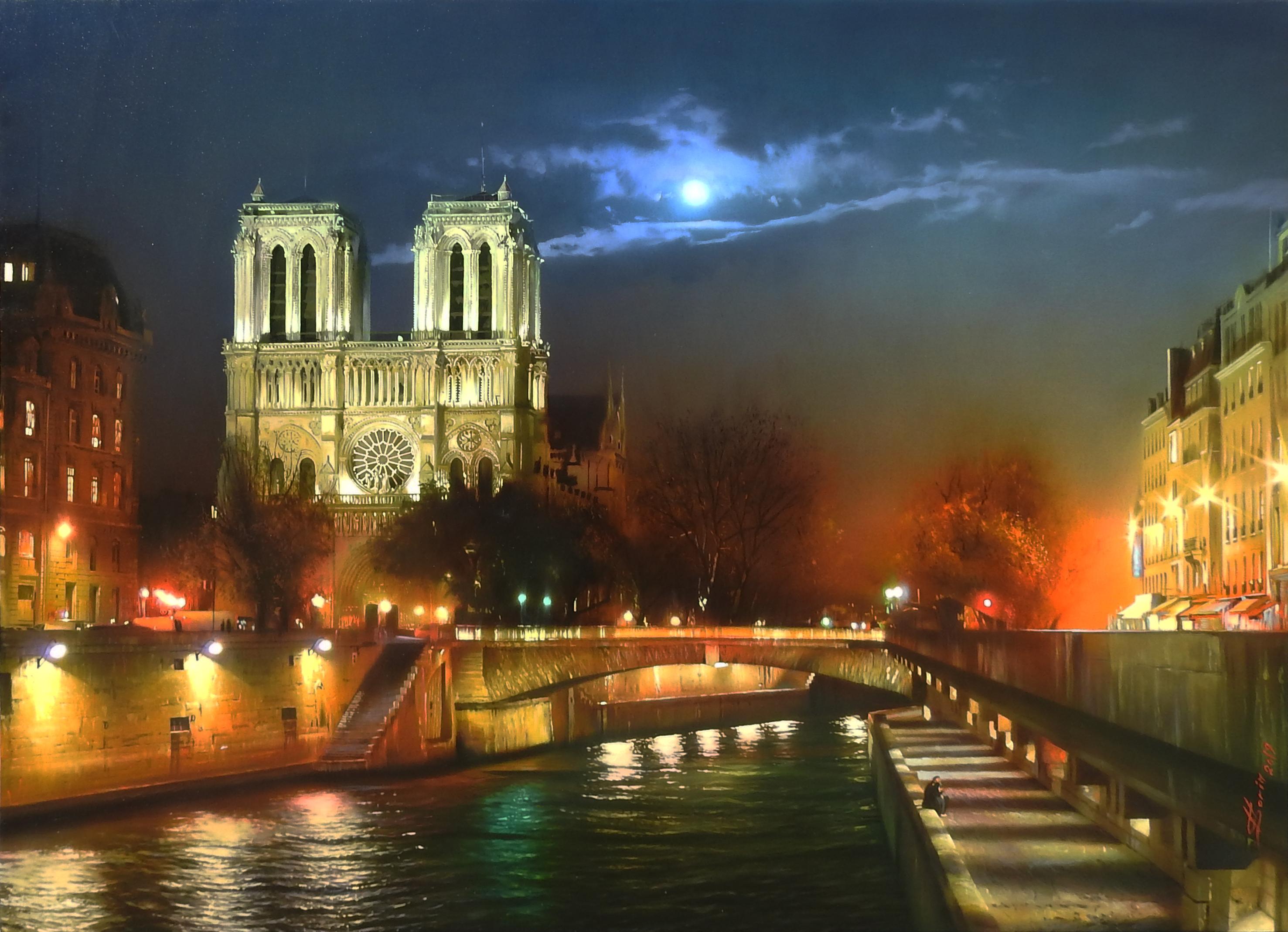 "Notre Dame de Paris bei Nacht" von Sorin ist ein 30x40 Zoll großes Ölgemälde auf Leinwand. Das Gemälde zeigt eine fotorealistische Nachtansicht der mittelalterlichen katholischen Kathedrale auf der Île de la Cité im 4. Arrondissement von Paris. Die