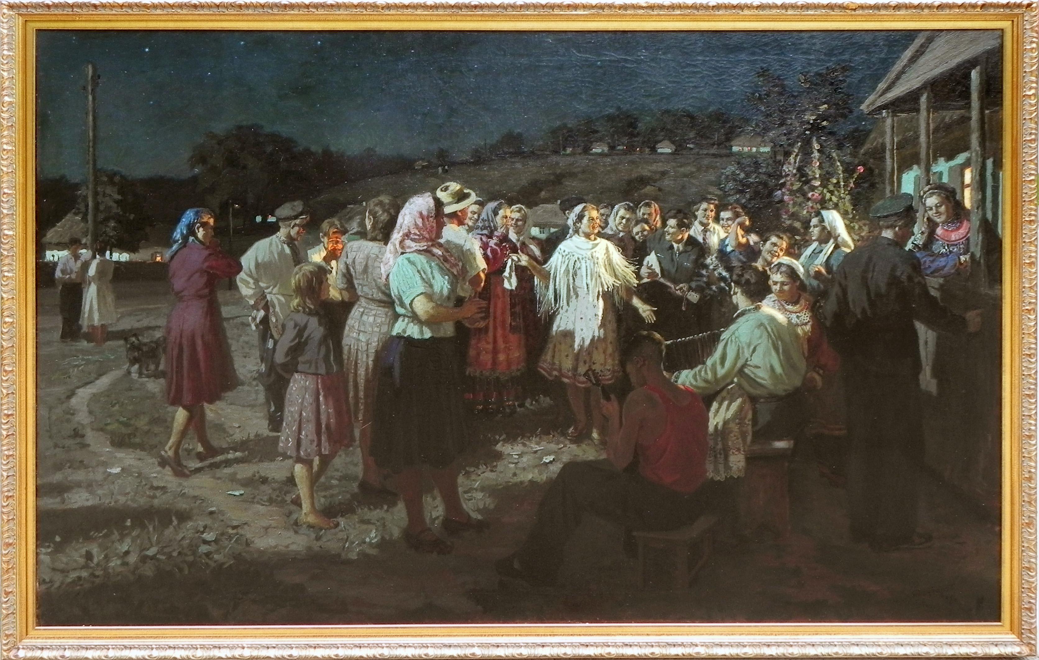 "En la calle" de Gregori Goncharov es un cuadro impresionista francés original que mide 53x81 pulg. en un marco dorado ornamentado. En este cuadro, Gregori Goncharov hace gala de su talento en el claroscuro mientras la luz inunda el hogar iluminando