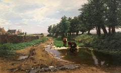 "Cattle Watering in a Summer Landscape", Eduard Spoerer, Original, Antique, Oil