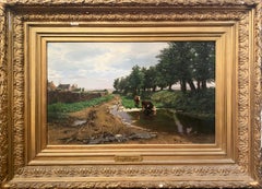 "Cattle Watering in a Summer Landscape", Eduard Spoerer, Original, Antique, Oil
