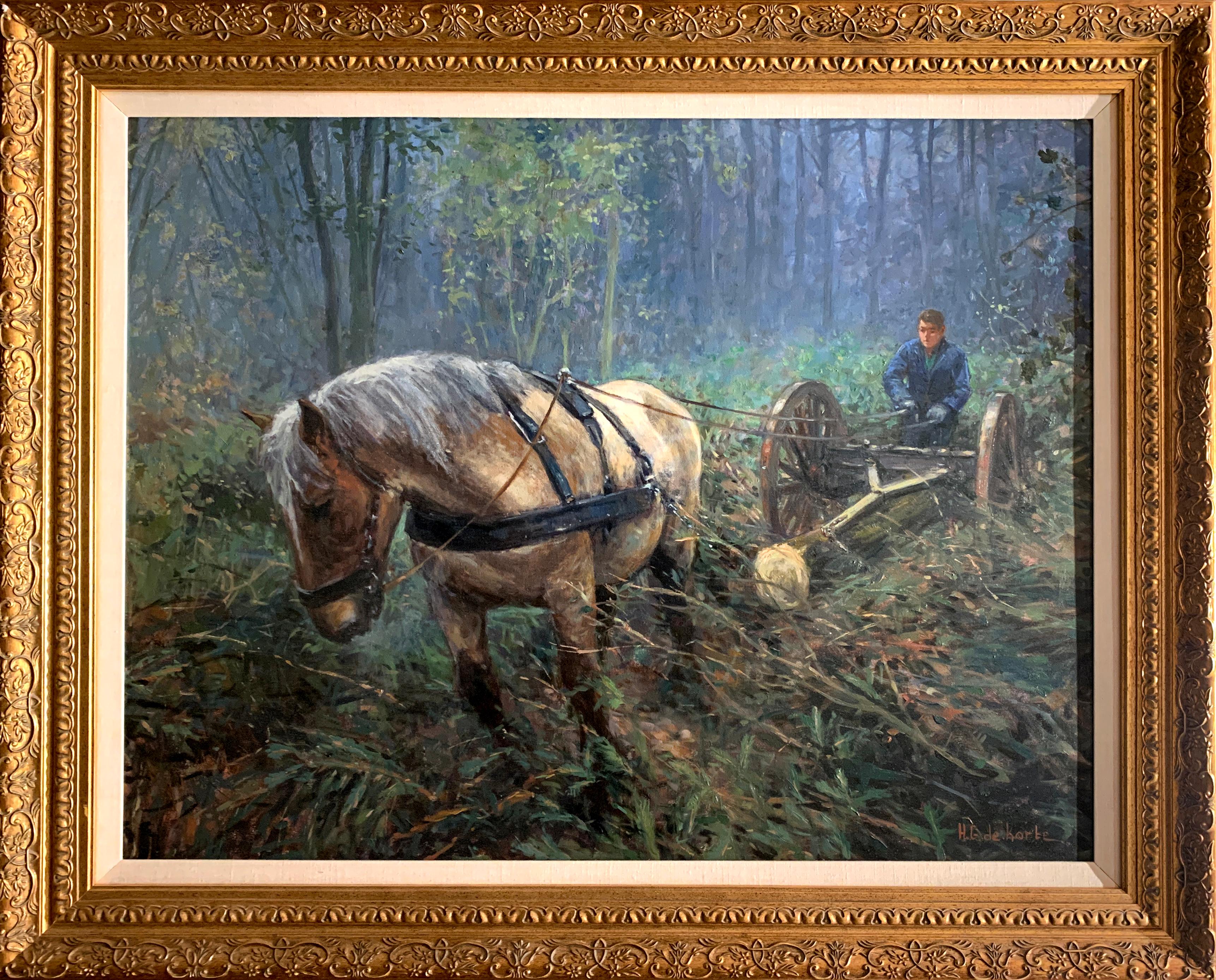 "Log Hauler", Henni de Korte, 31x40 in., Oil on Canvas, Classical Impressionism