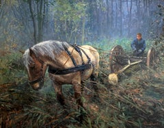 "Trasportatore di tronchi", Henni de Korte, 31x40 pollici, Olio su tela, Impressionismo classico