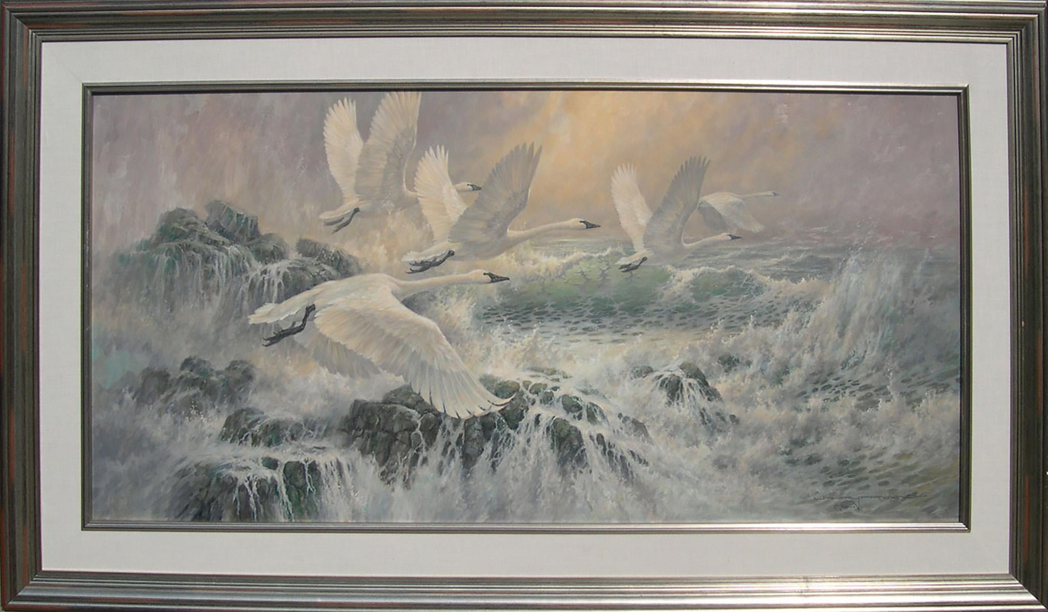 „Snow Geese“, Larry Fanning, Original, Öl auf Leinwand, 30x60, Realistisches Wildleben im Angebot 1