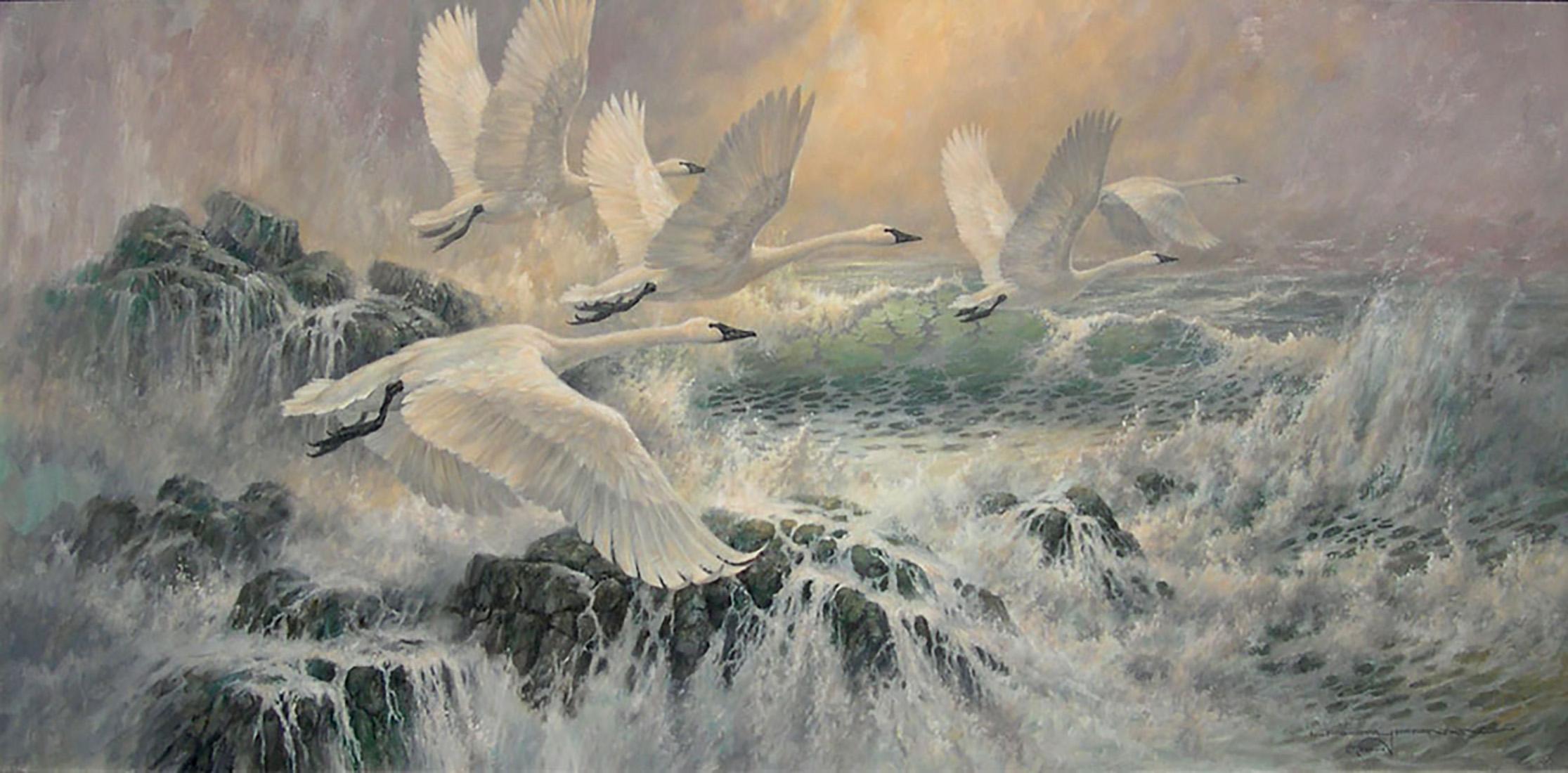 „Snow Geese“, Larry Fanning, Original, Öl auf Leinwand, 30x60, Realistisches Wildleben