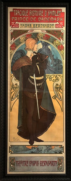 Antique "Sarah Bernardt as Hamlet", Alphonse Mucha Lithograph theater poster, 80x29 in.